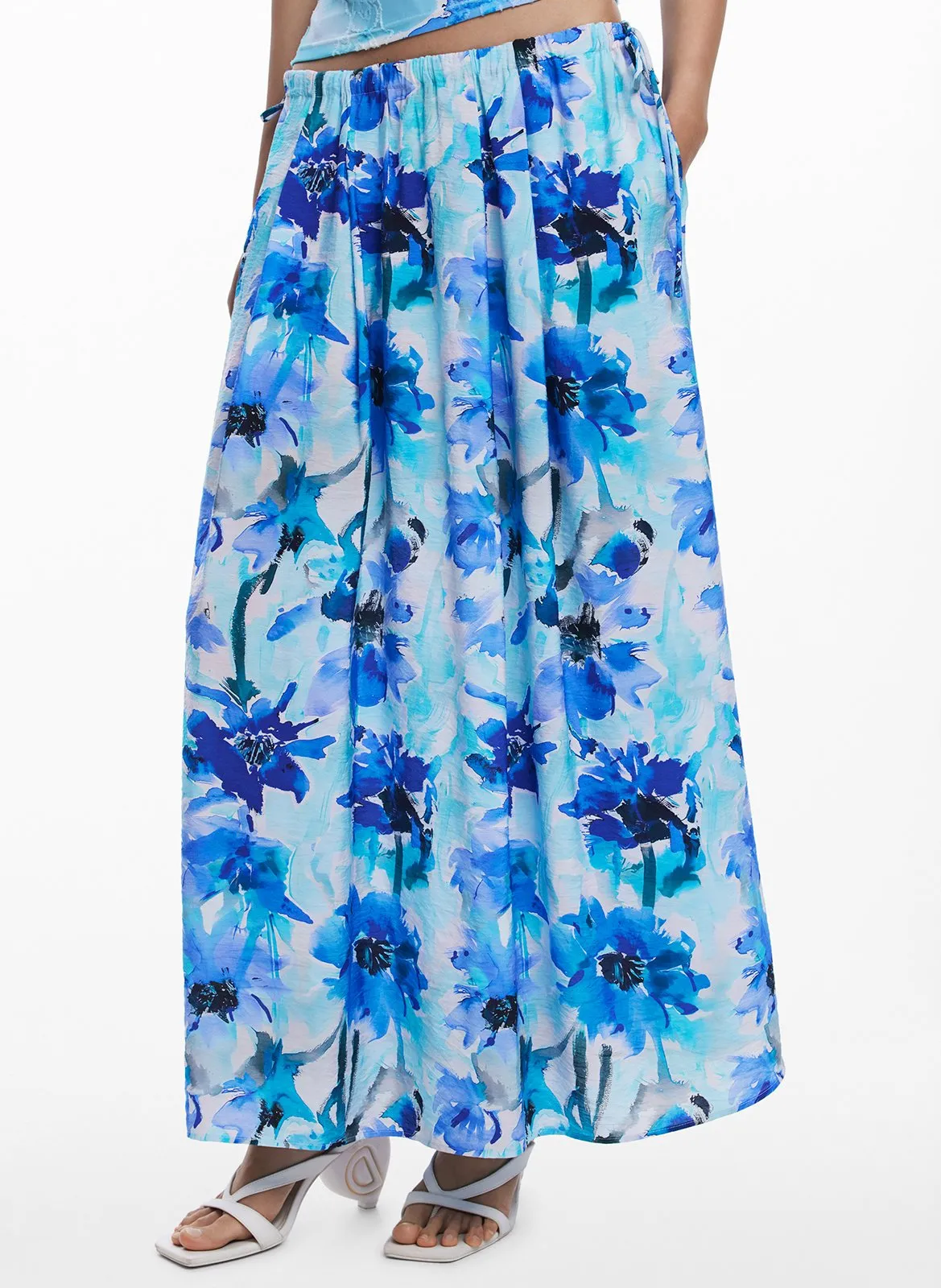 Jupe longue évasée fleurie Multicolore