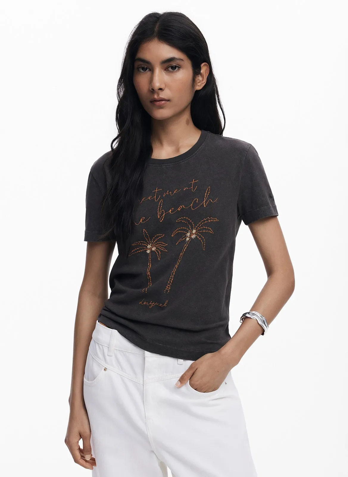 Tee-shirt droit à broderies en coton Noir