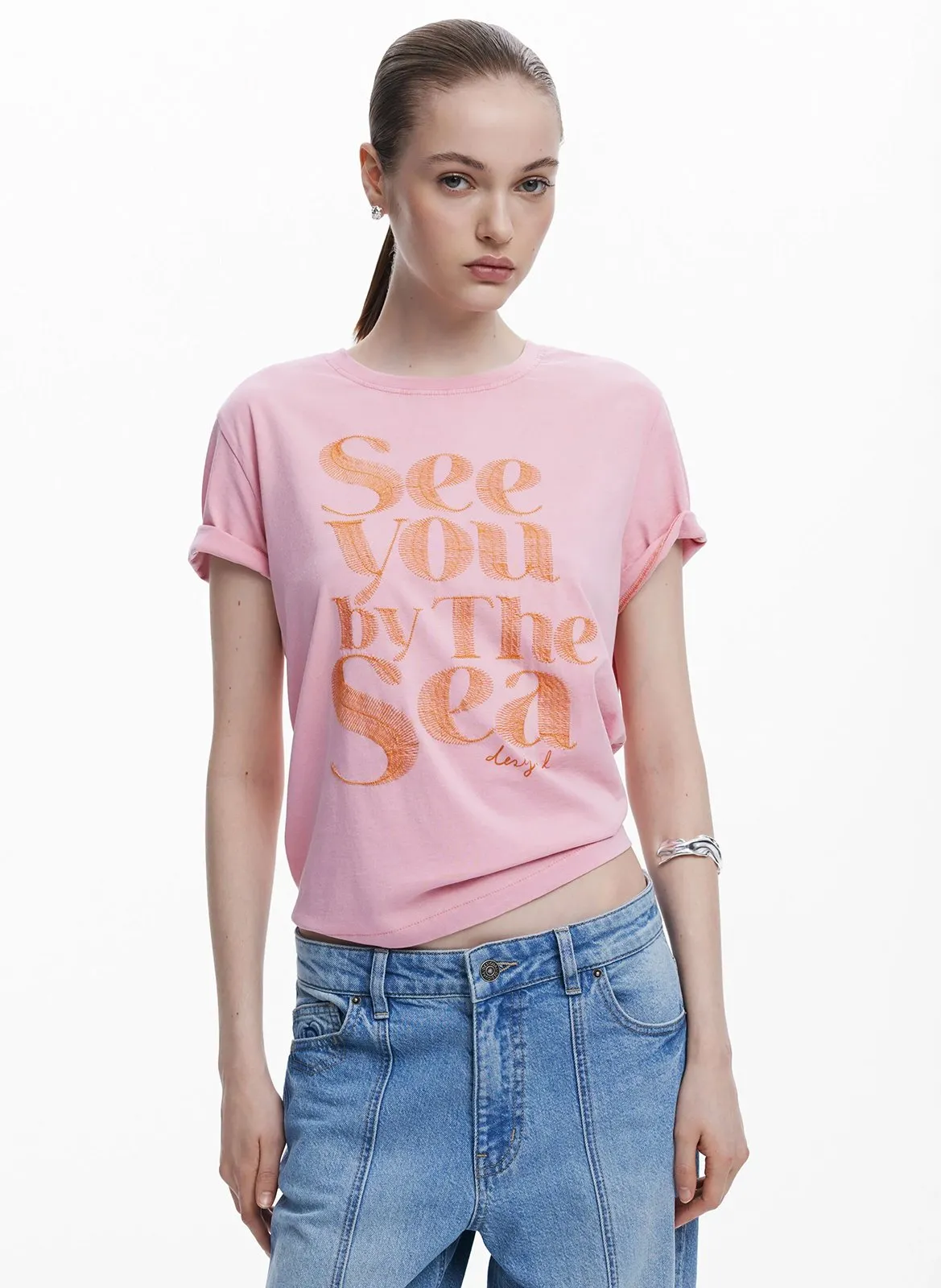 Tee-shirt droit brodé en coton Rouge