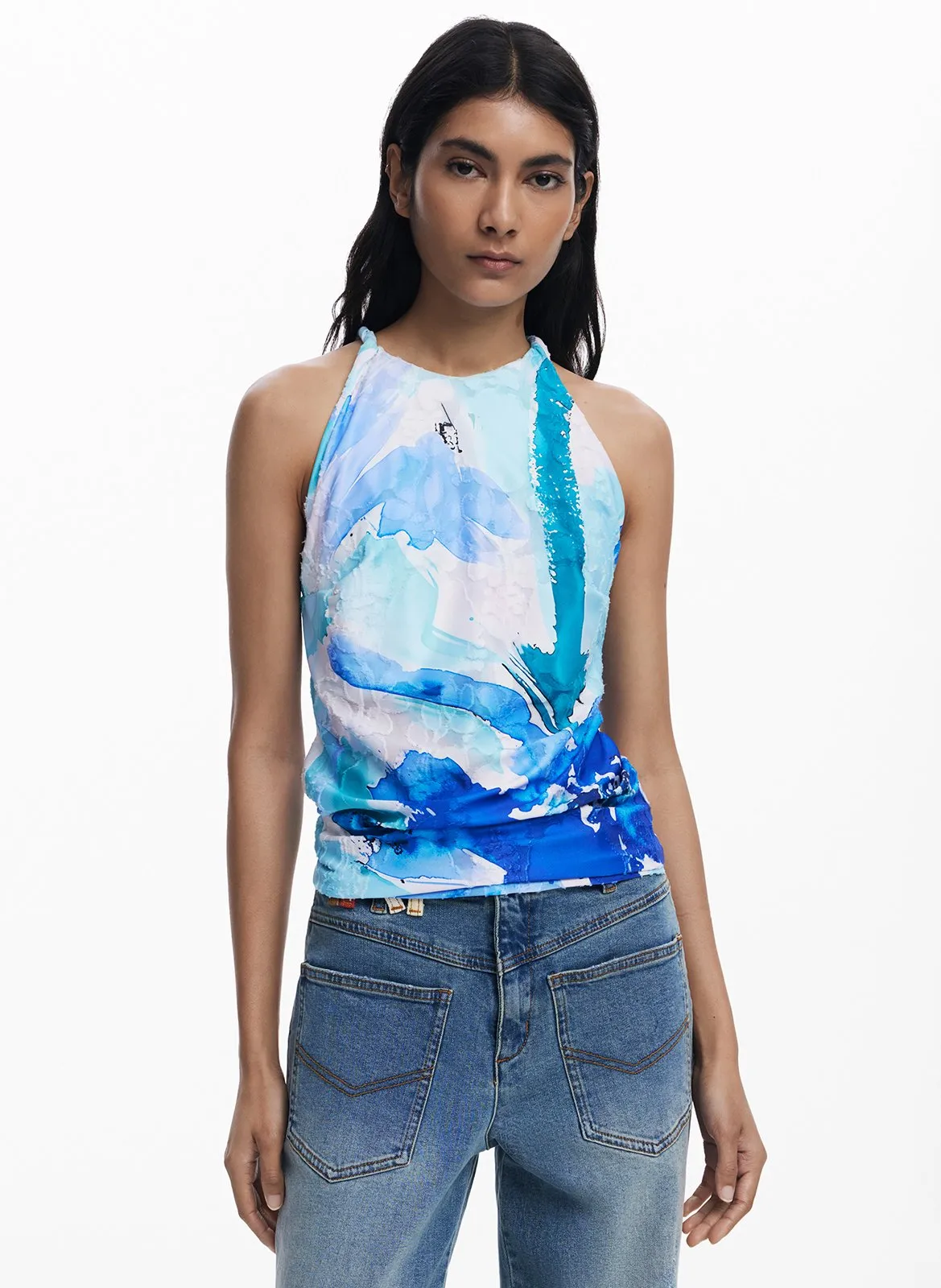 Top col rond sans manches imprimée Bleu