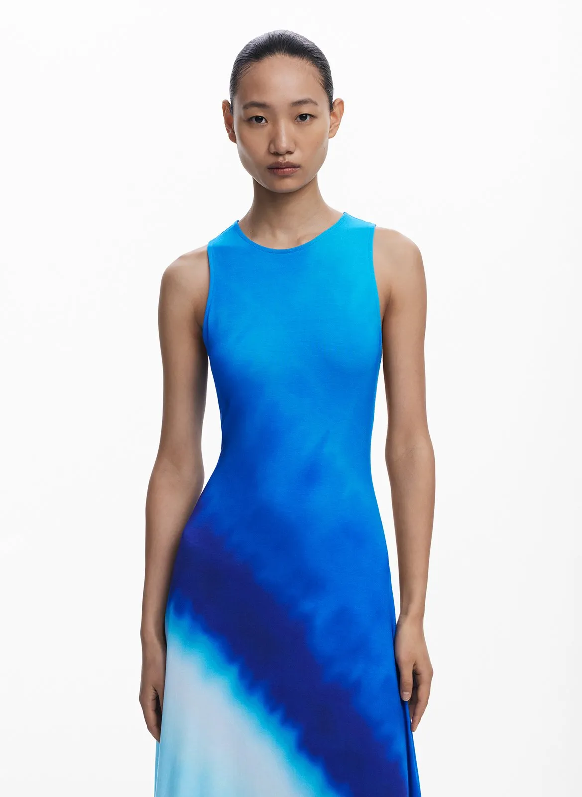 Robe midi col rond tie and dye Bleu