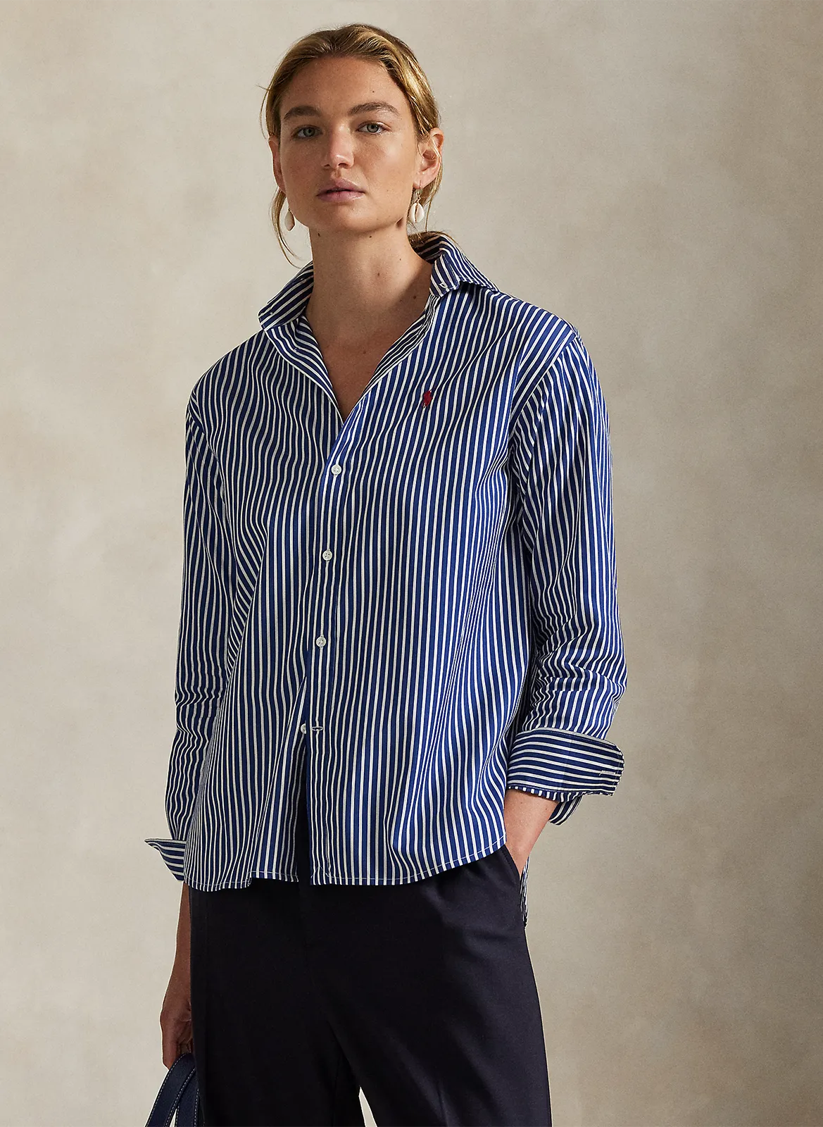 Chemise droite col polo en coton rayé Bleu