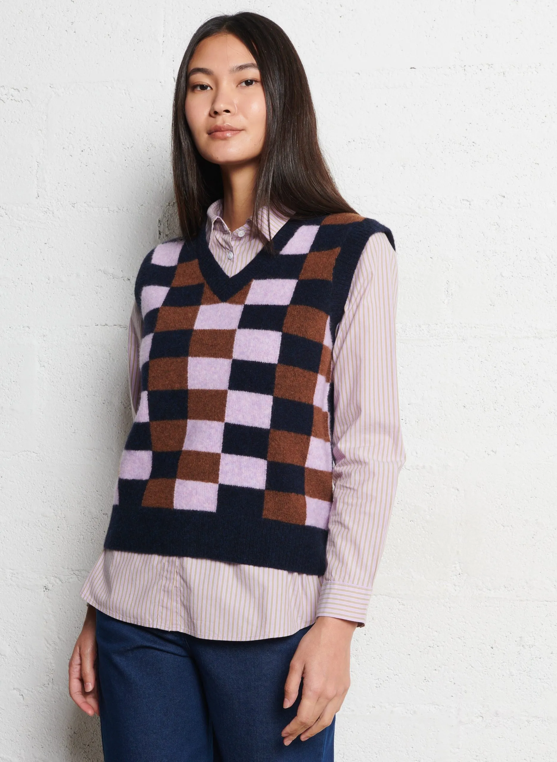 Pull sans manches col V à carreaux en laine mélangée Bleu