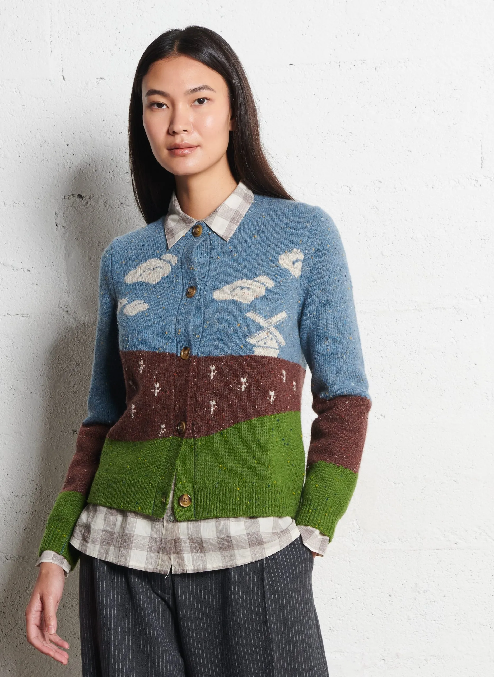 Cardigan droit à motifs en laine mélangée Bleu