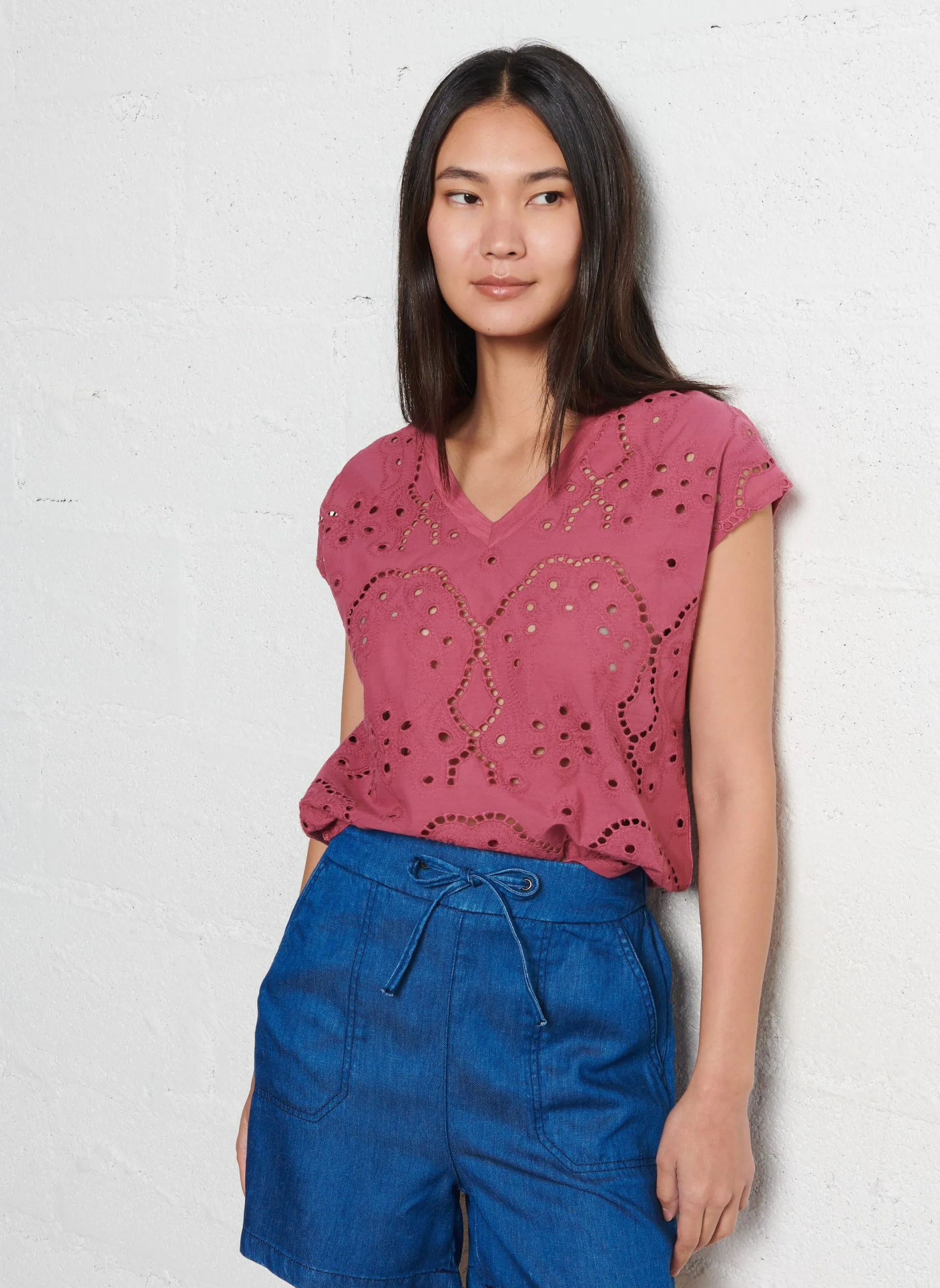 Tee-shirt col v en coton Rose TEFOLA