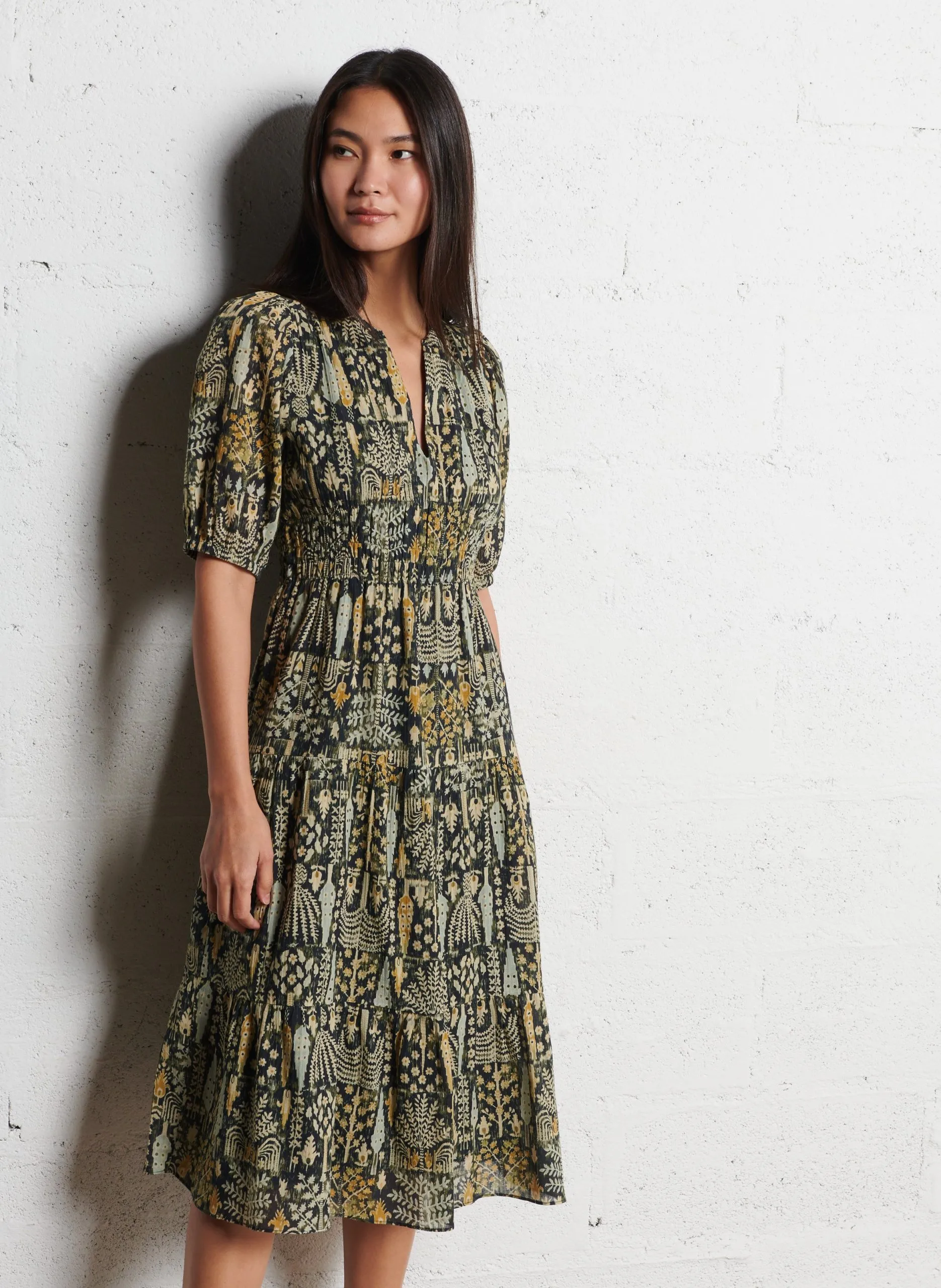 Robe midi en coton imprimé Kaki PANISSA