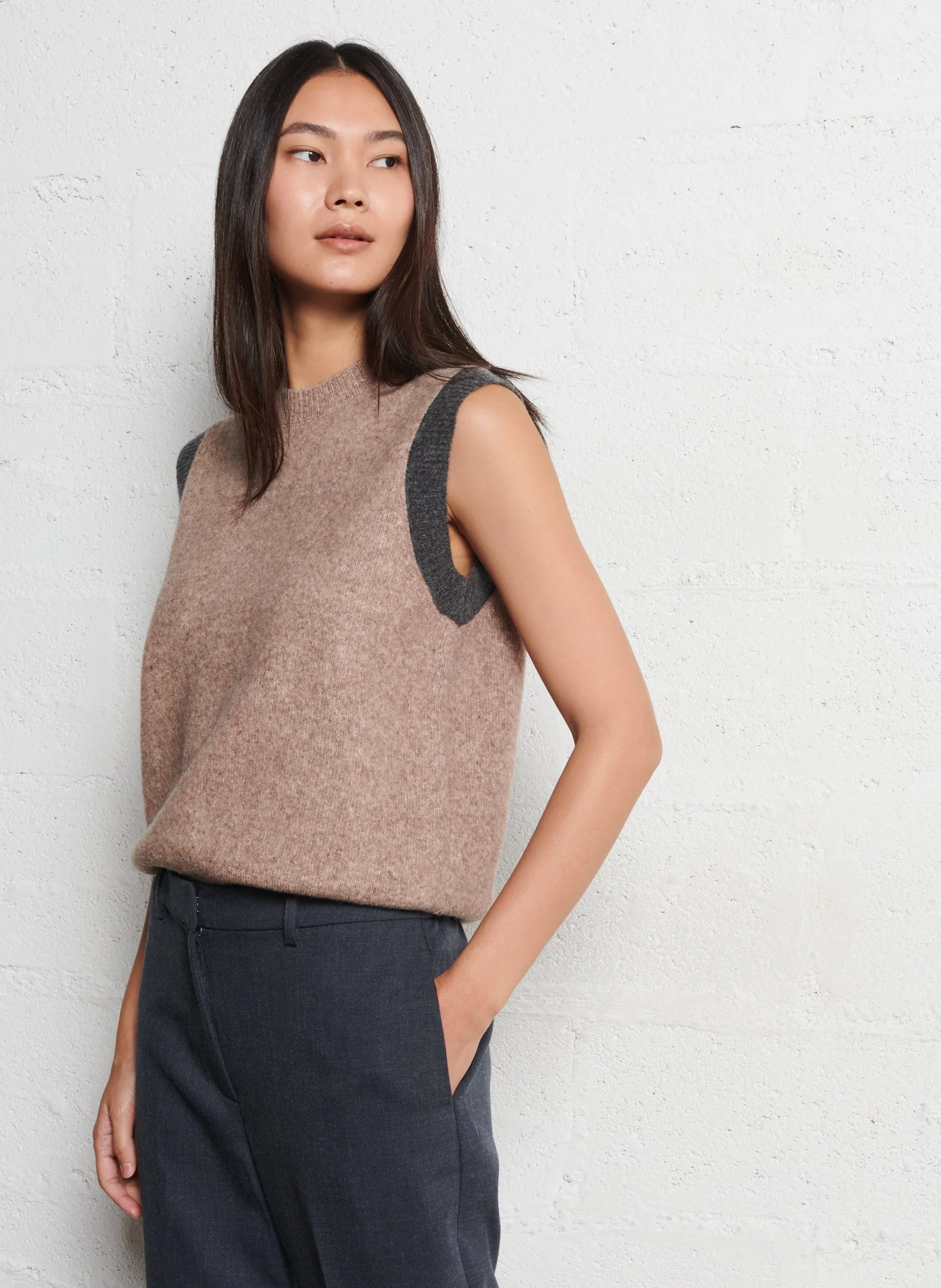 Pull sans manches col rond en laine mélangée Bleu