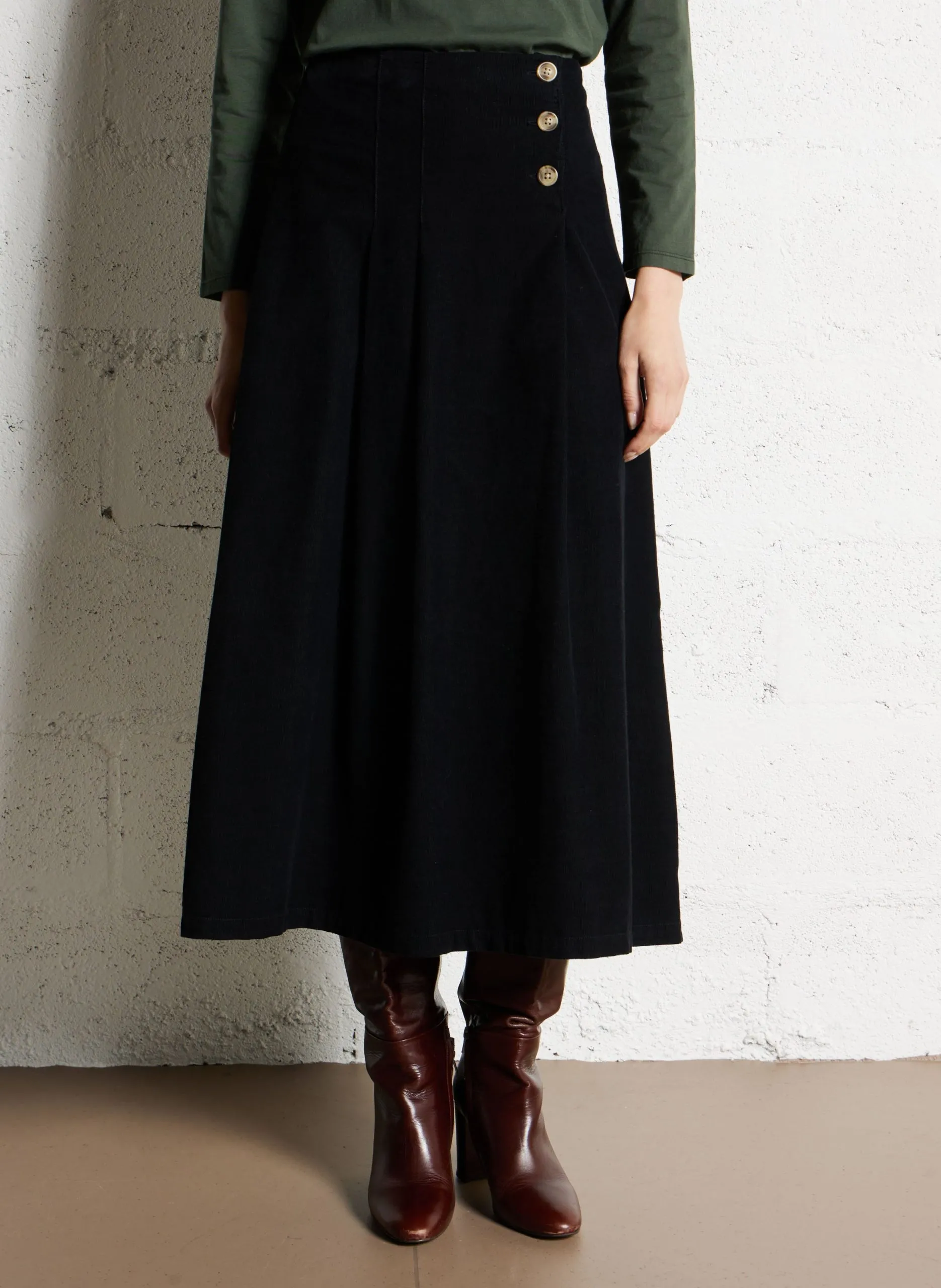 Jupe midi en coton côtelé Noir