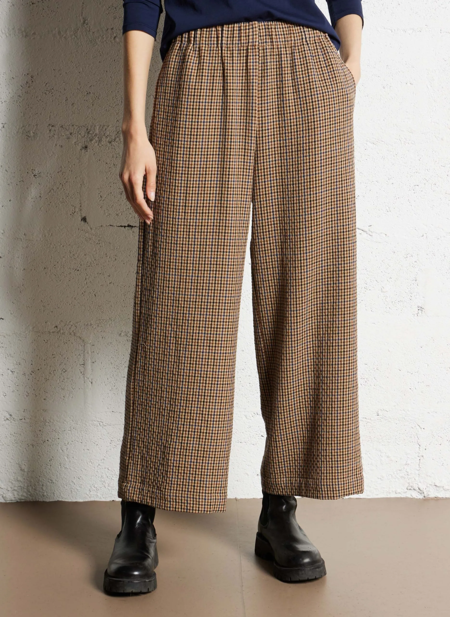 Pantalon large taille haute motif pied-de-poule Beige