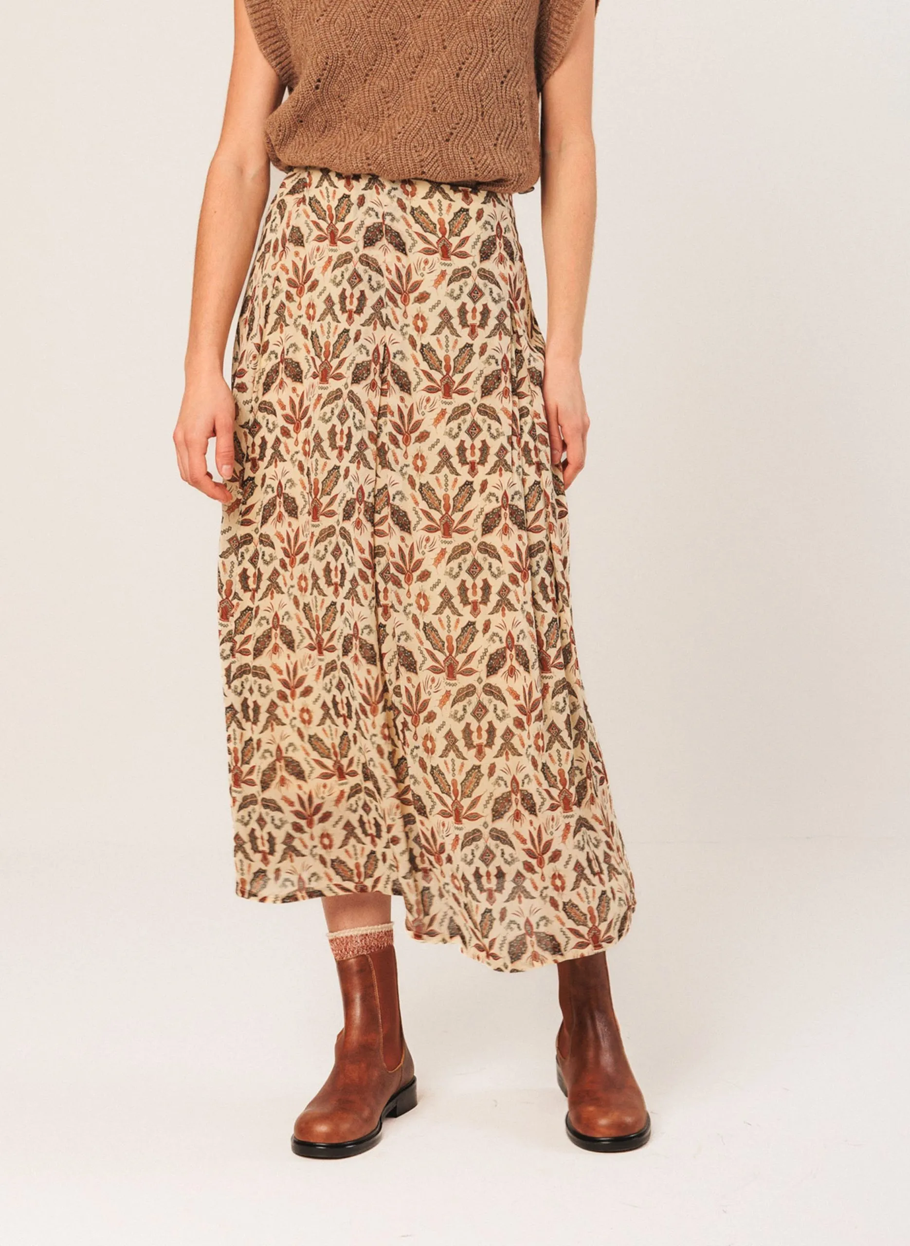 Jupe longue évasée imprimée Beige