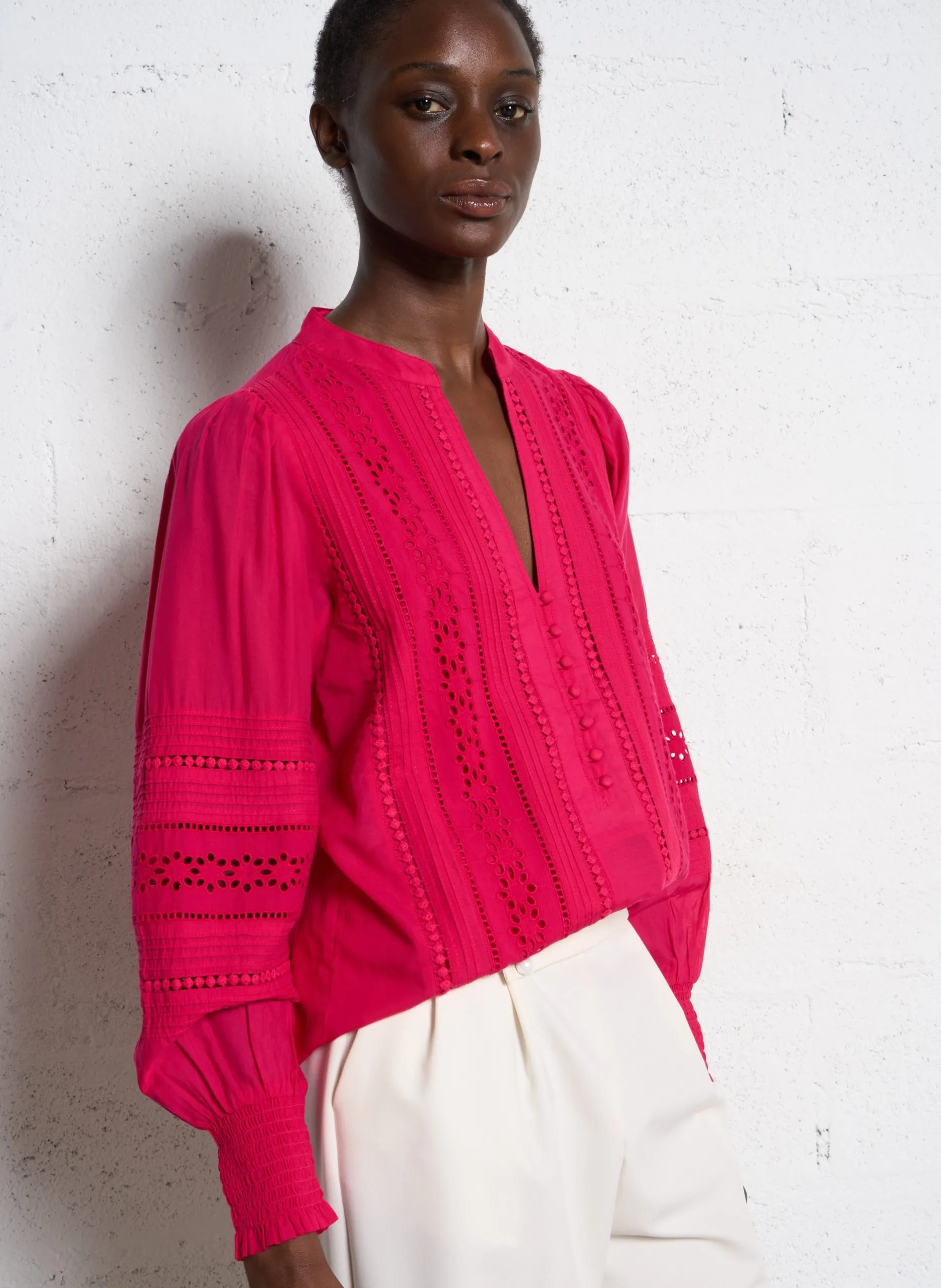 Blouse col V en coton mélangé Rose BRENDA