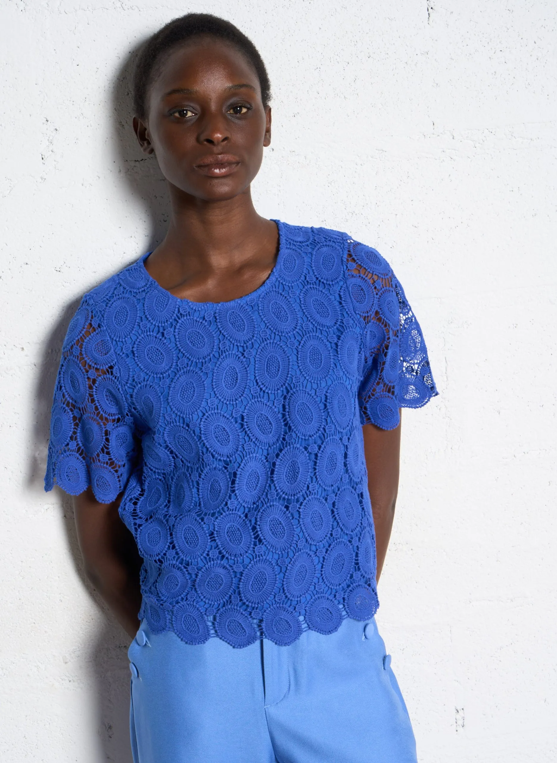Top col rond en coton Bleu