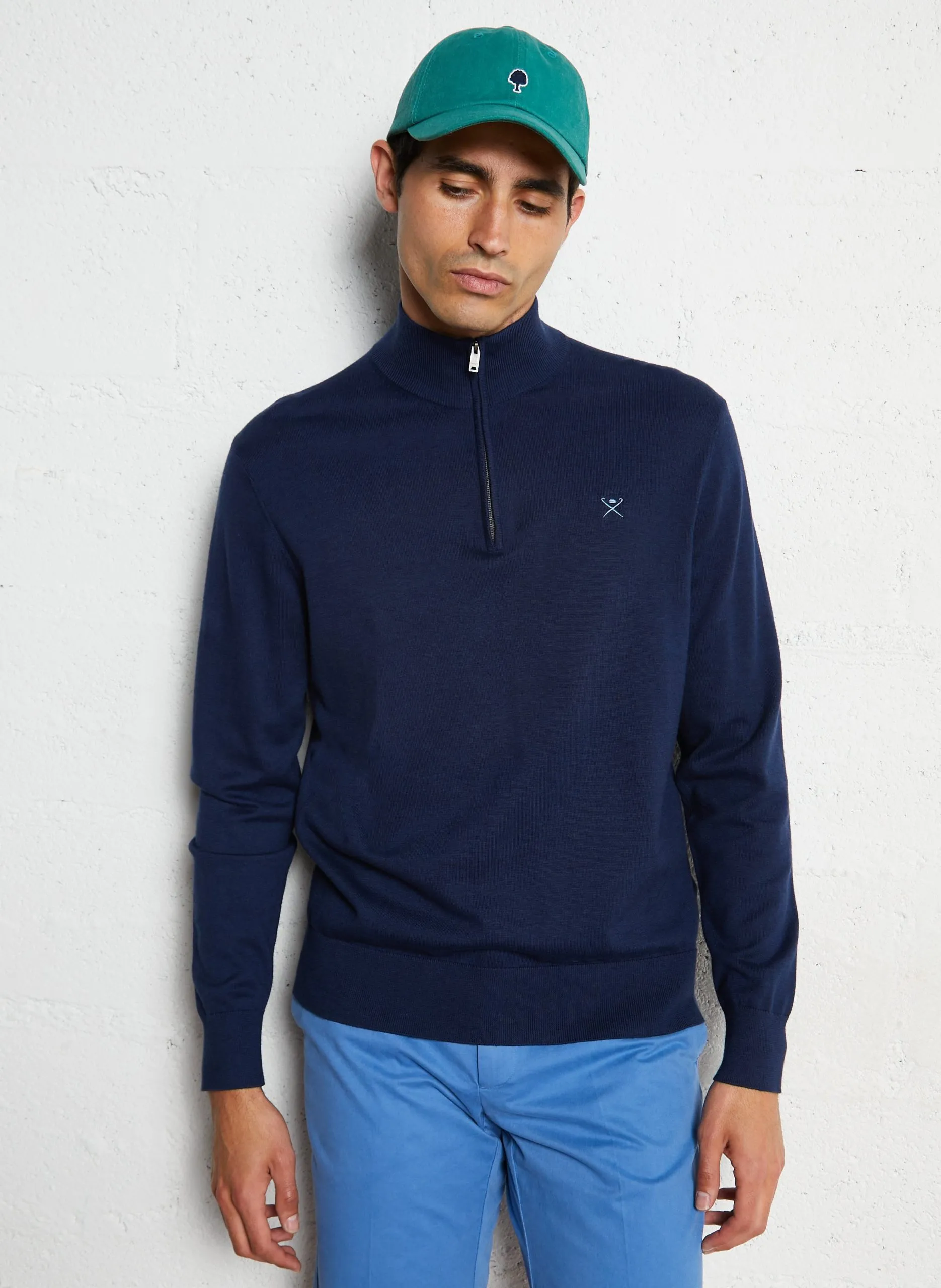 Pull droit col zippé en coton et soie Bleu