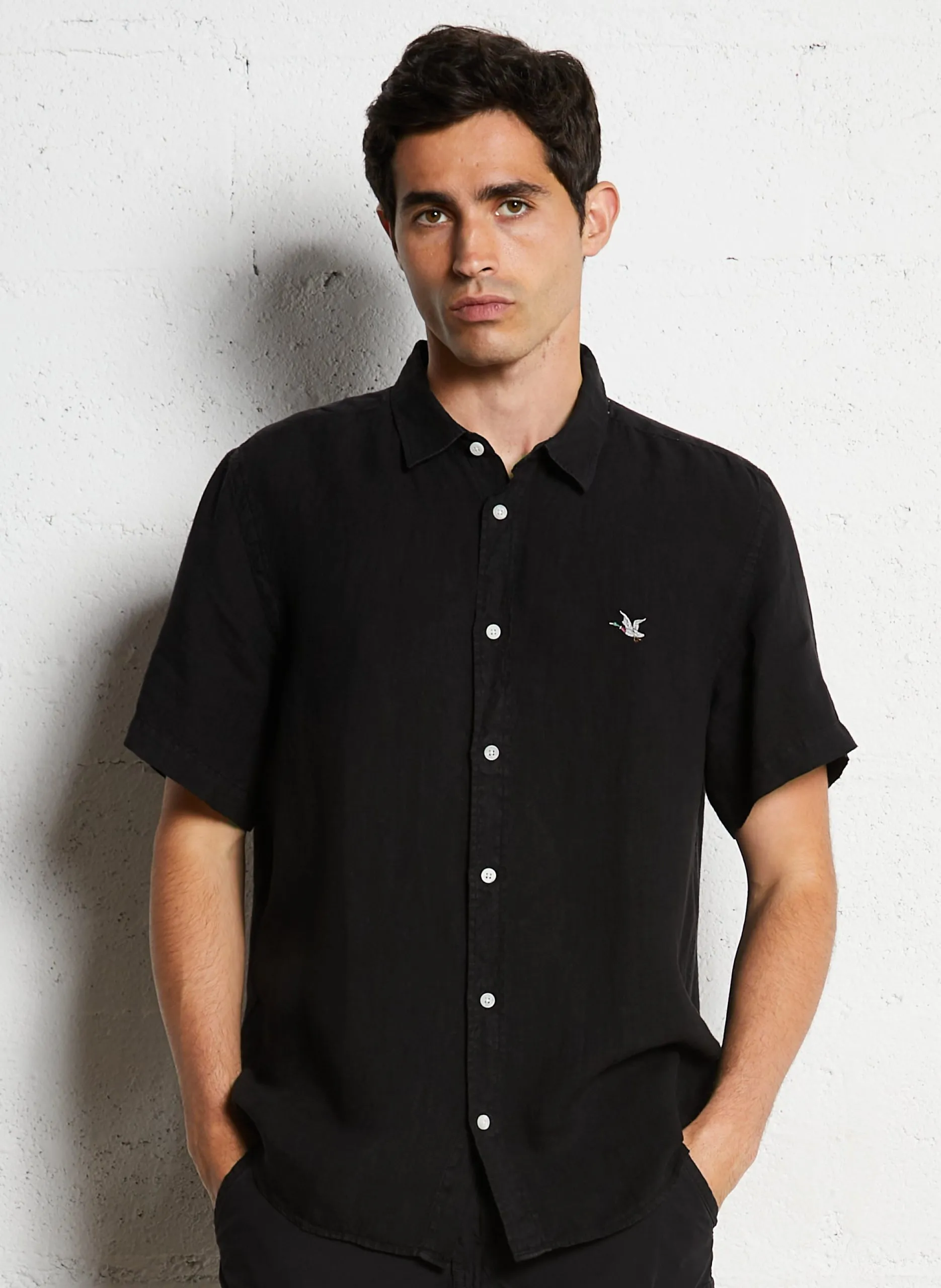 Chemise droite manches courtes en lin Noir ORLANDO