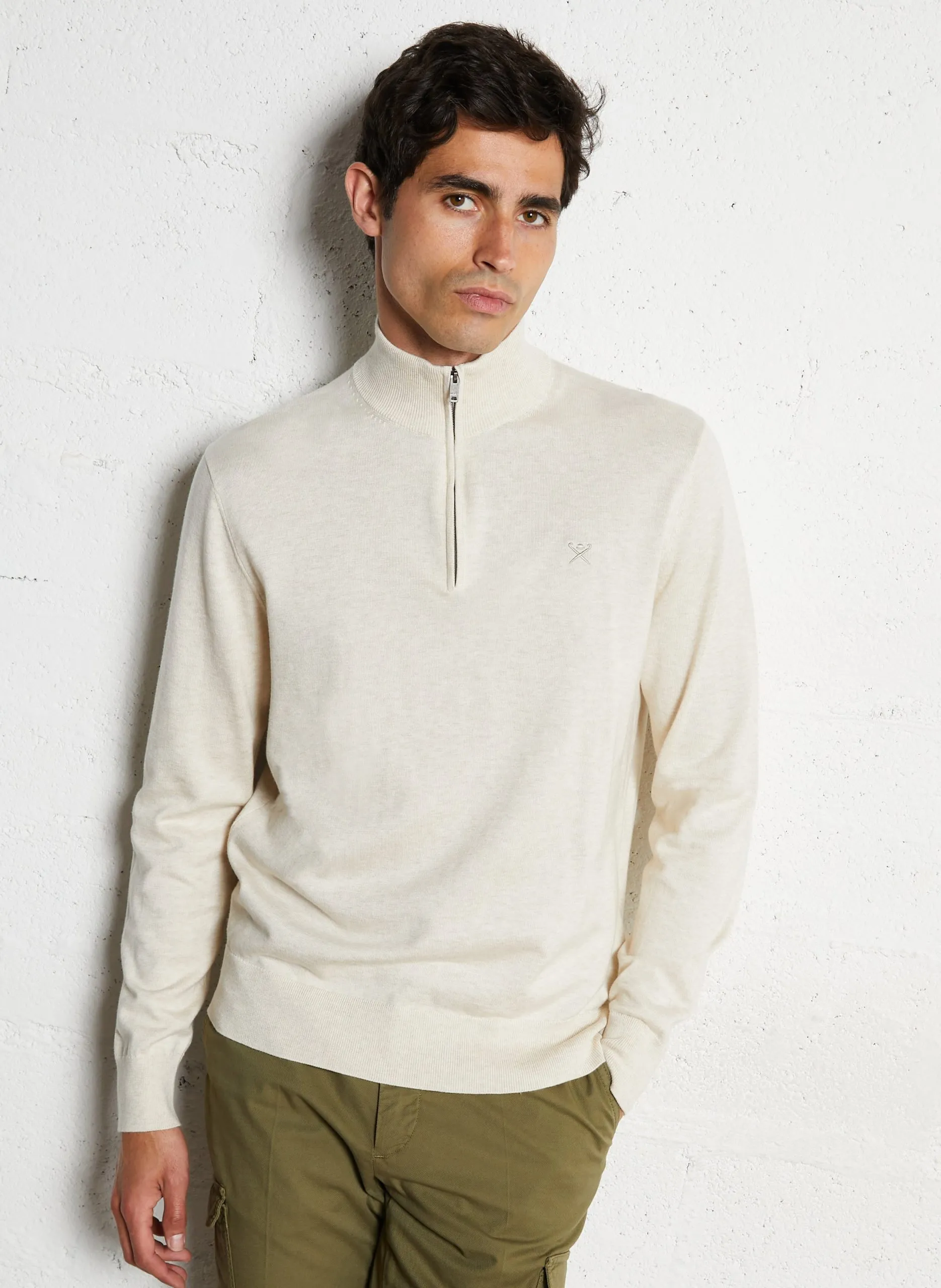 Pull droit col zippé en coton et soie Blanc