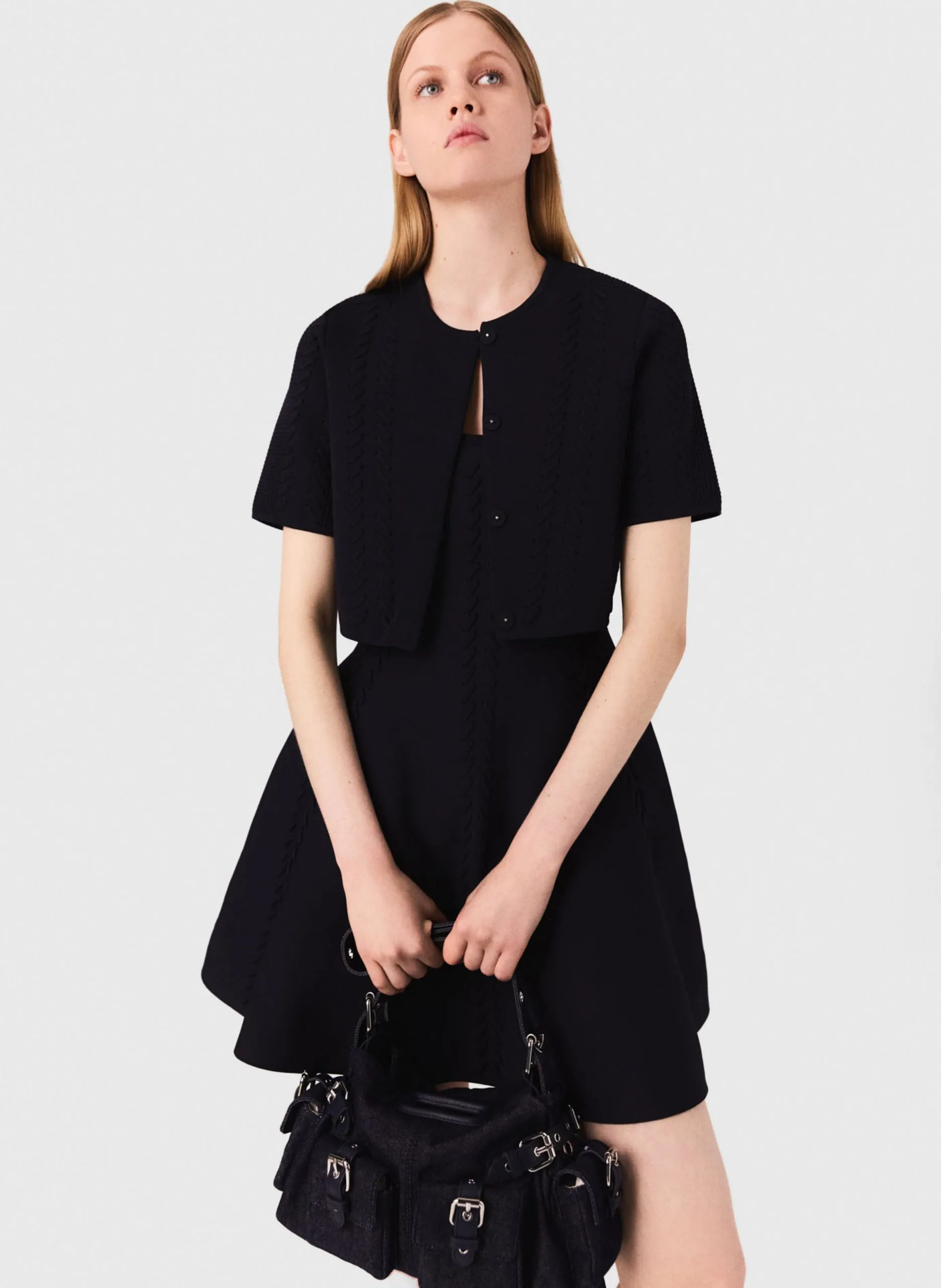 Cardigan court en maille tressée Bleu