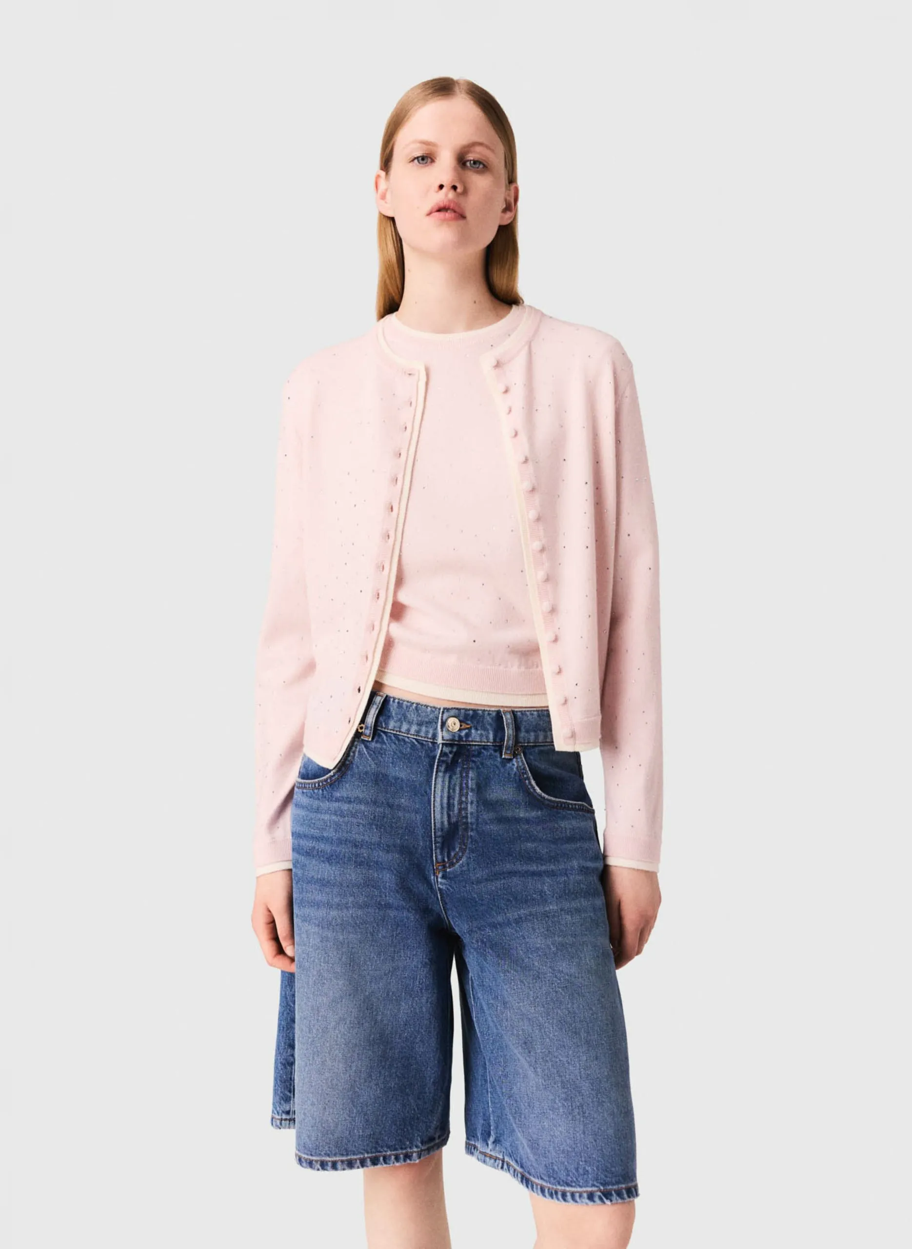 Cardigan droit en laine mélangée Rose