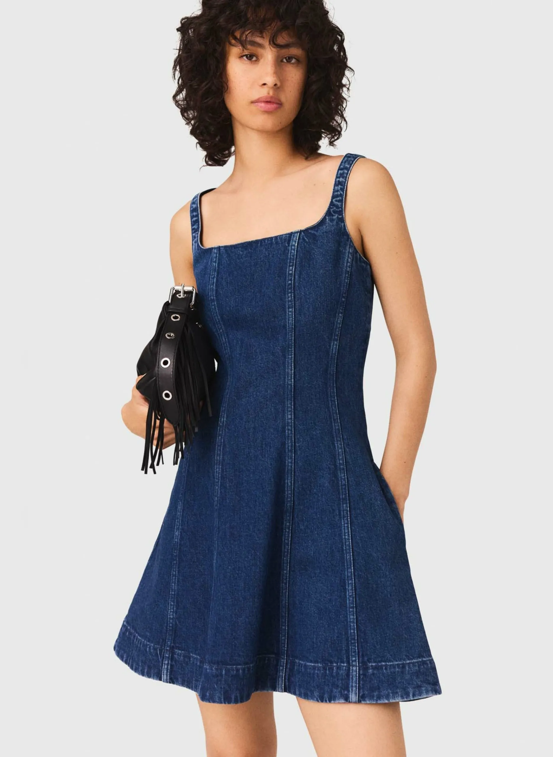 Robe courte évasée en denim Bleu