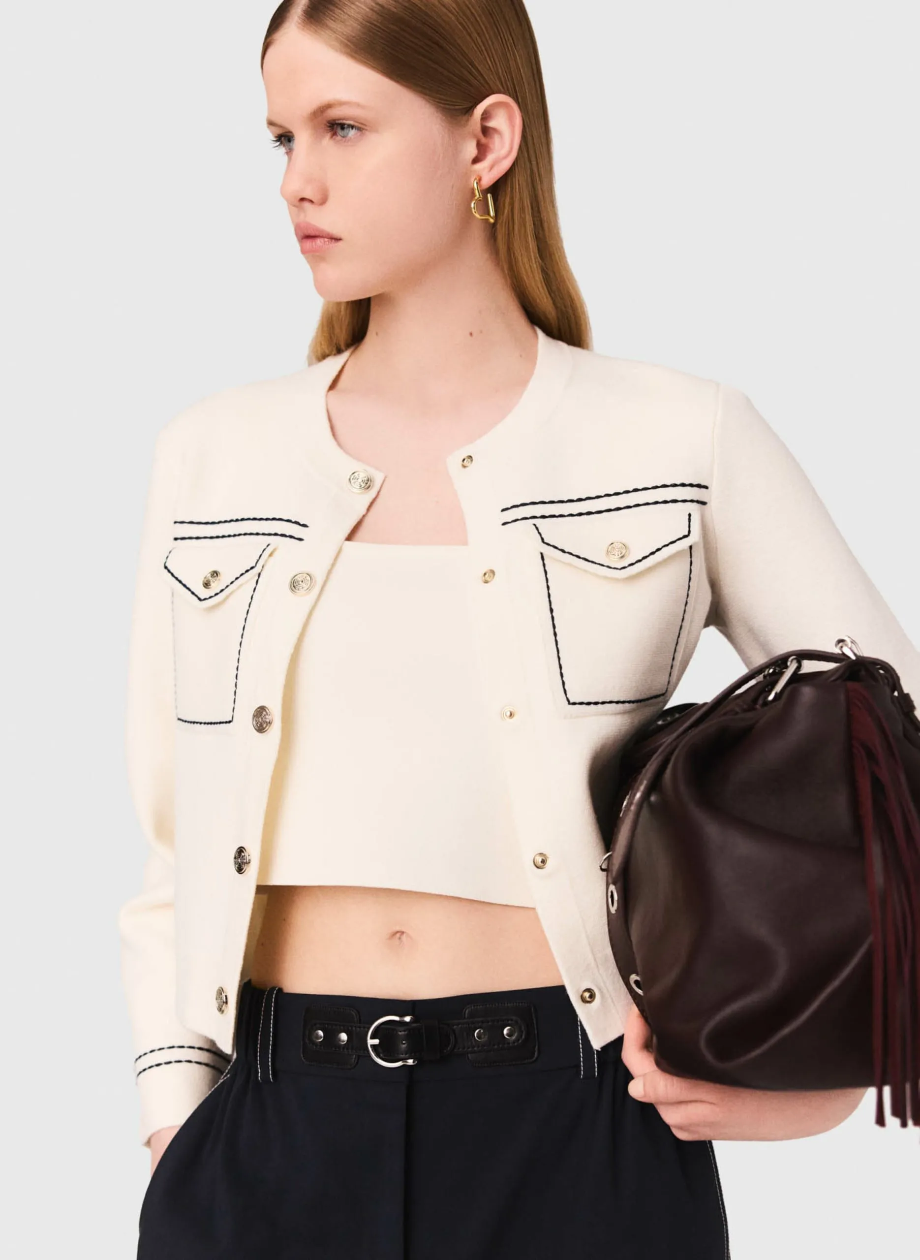 Gilet col rond en coton mélangé Beige