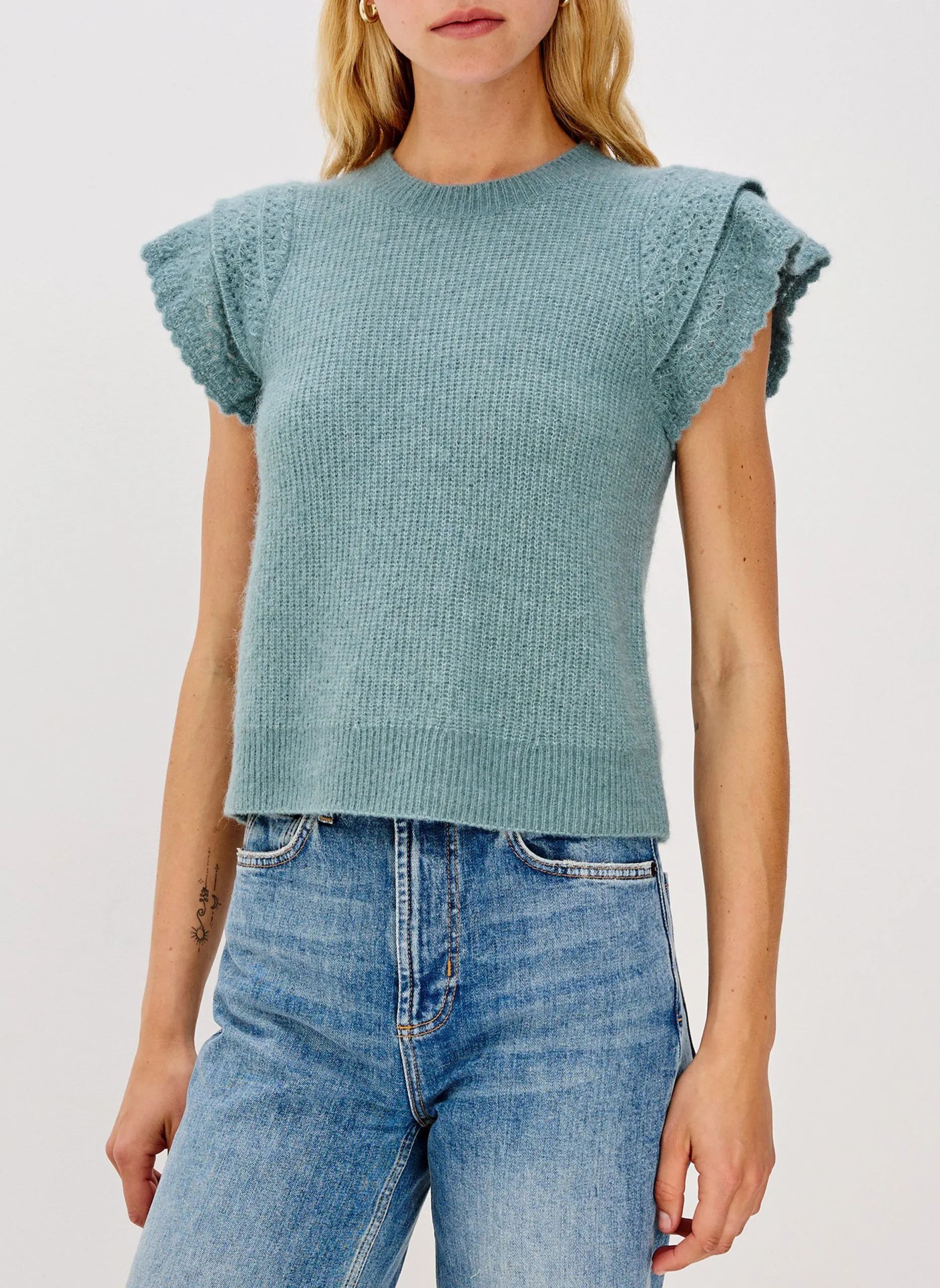 Pull sans manches uni à volants Vert STASIA