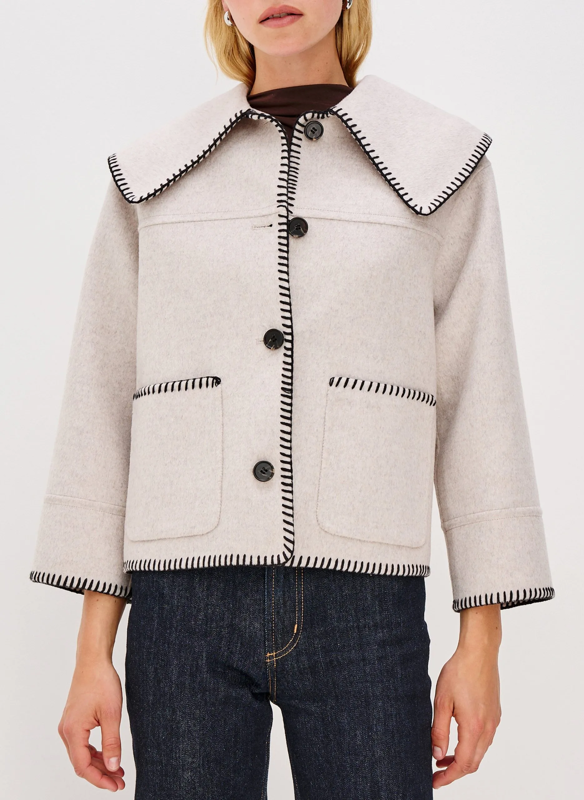 Veste droite unie à broderies en laine mélangée Beige PATTY