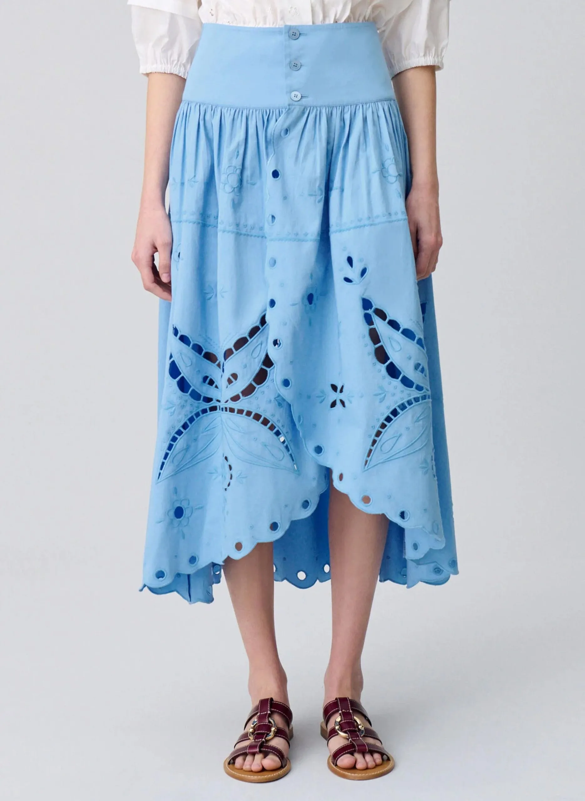 Jupe midi portefeuille à détails ajourés Bleu