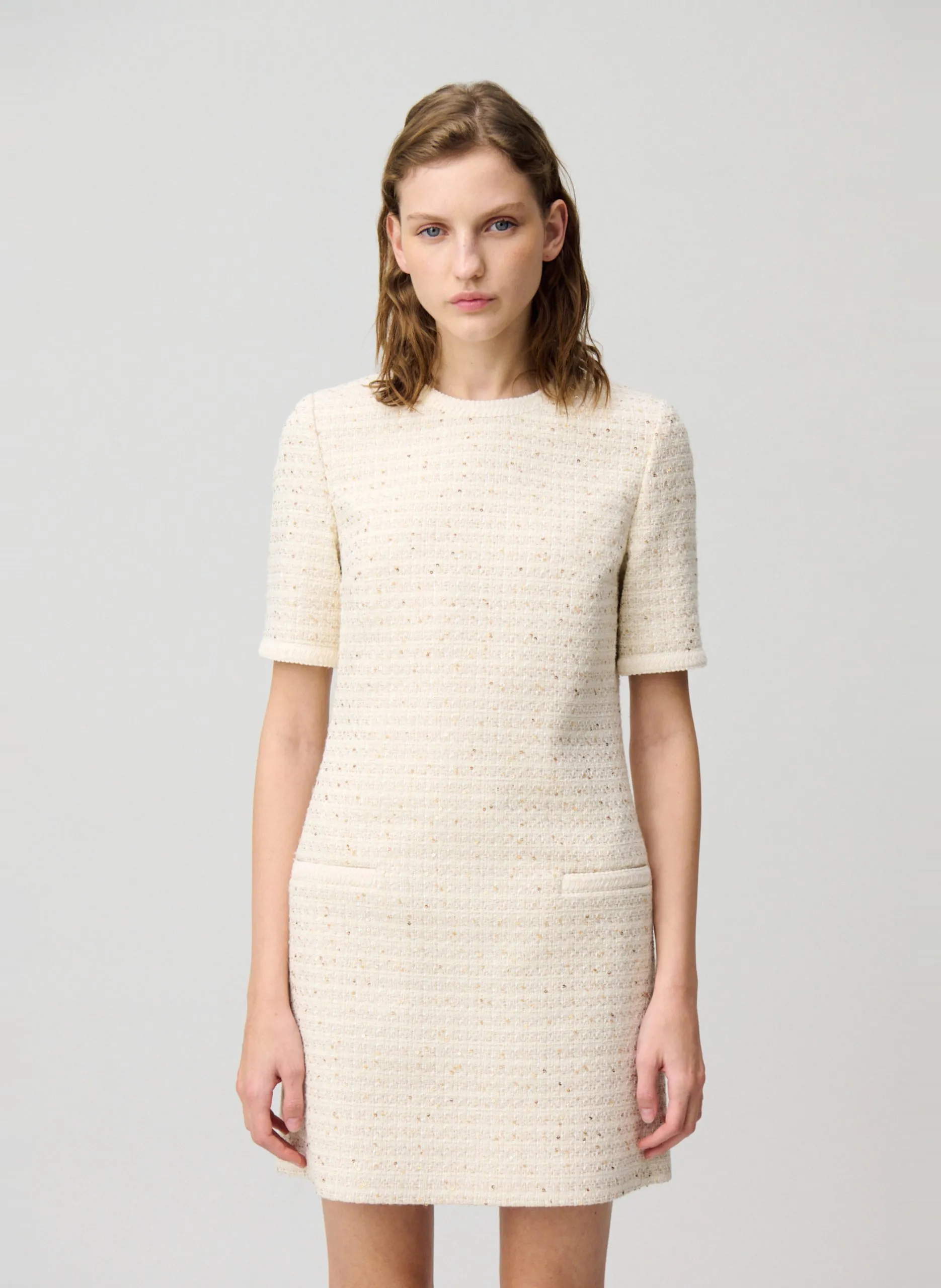 Robe tweed mi-longue à col rond Beige