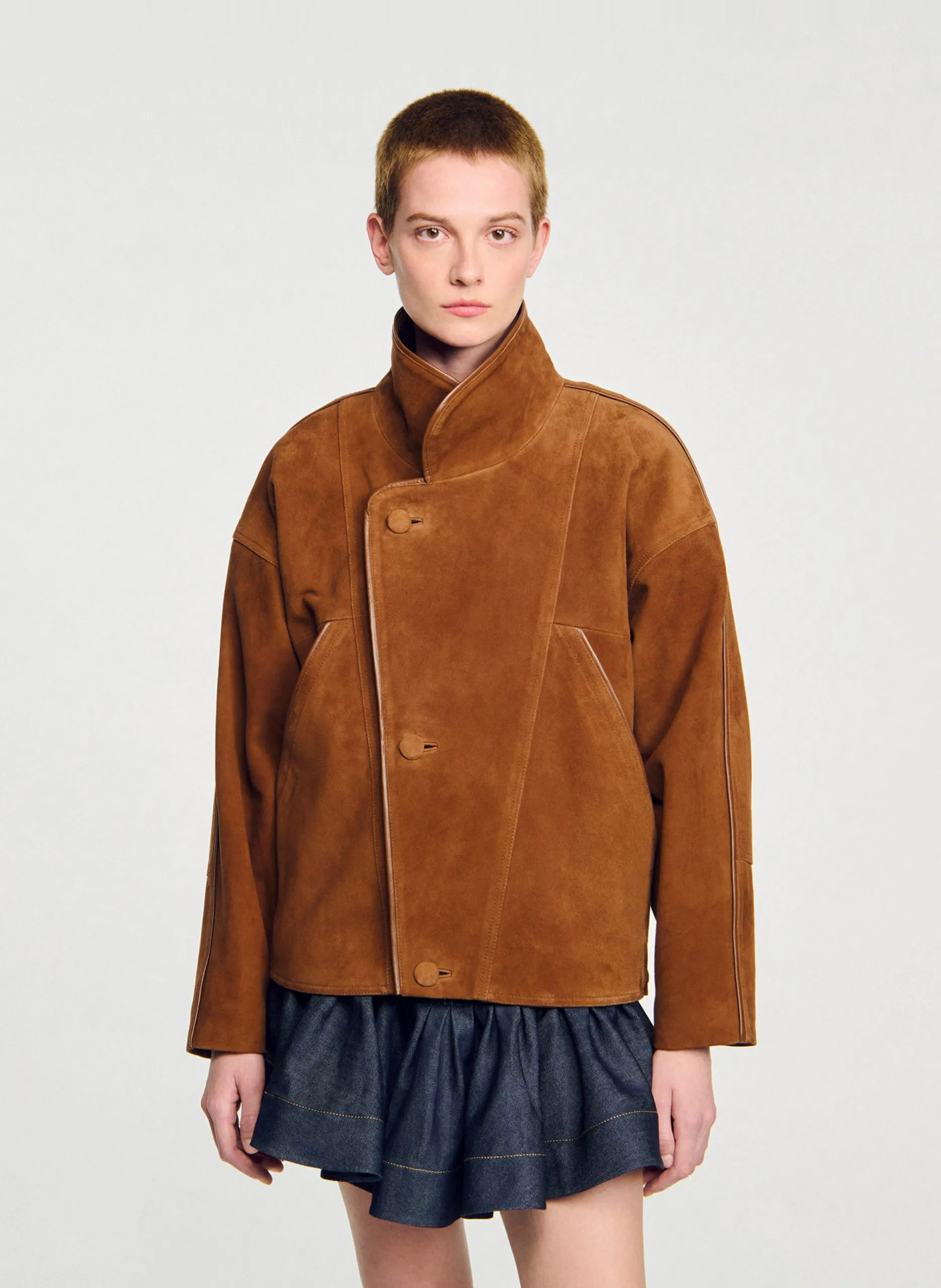 Veste col classique en cuir velours Marron