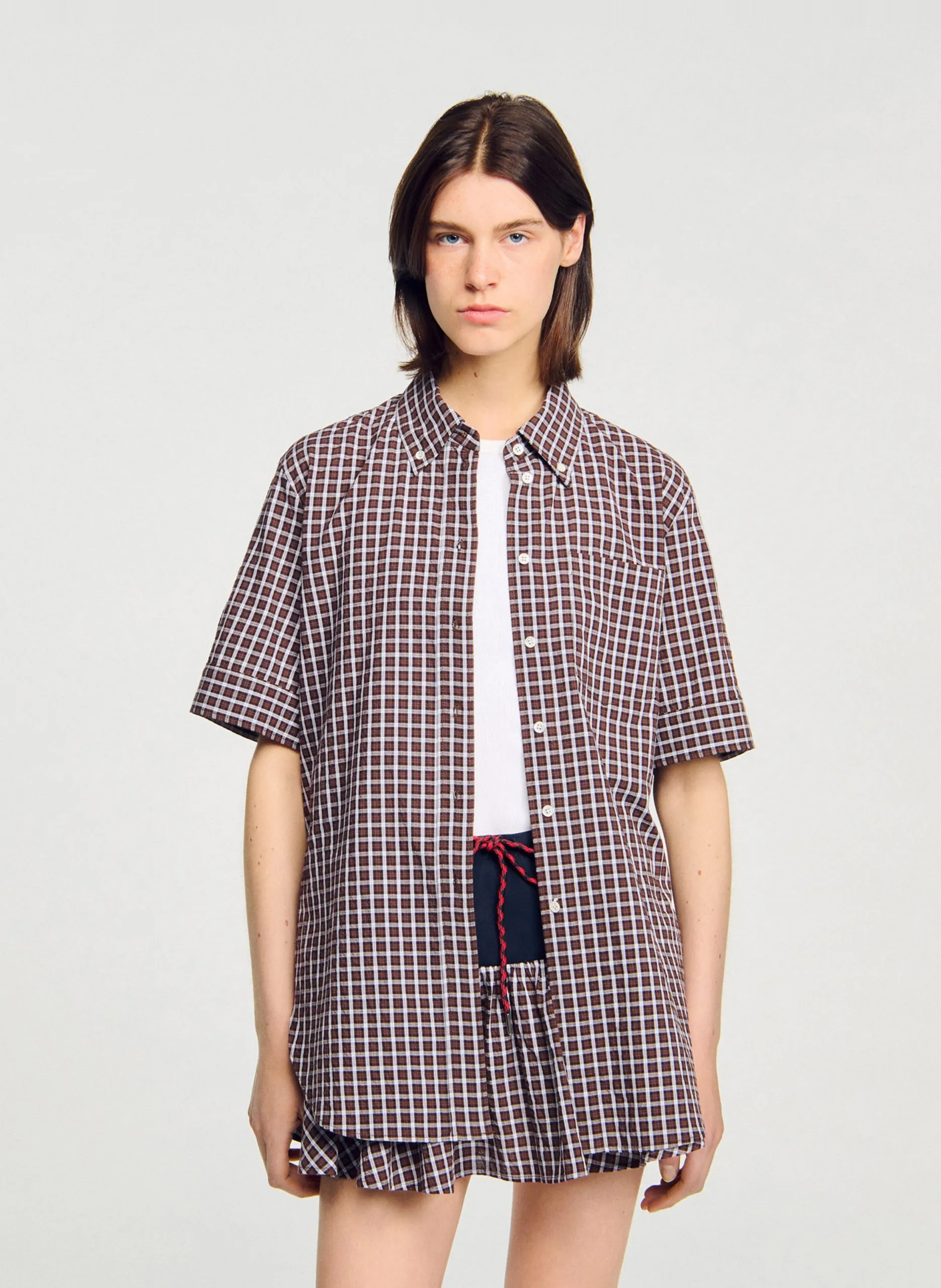 Chemise col classique à carreaux Marron