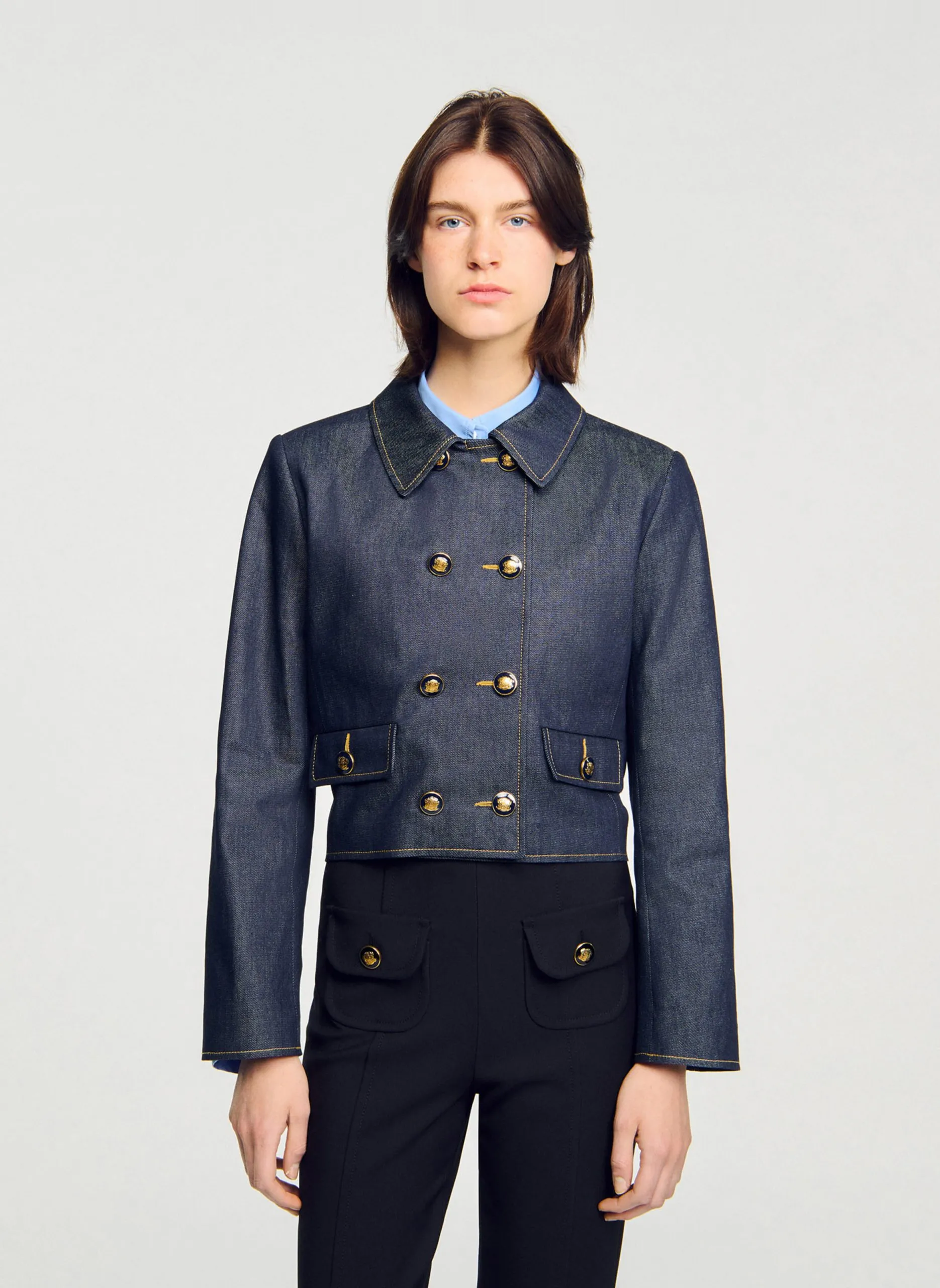 Veste courte col classique en denim Bleu