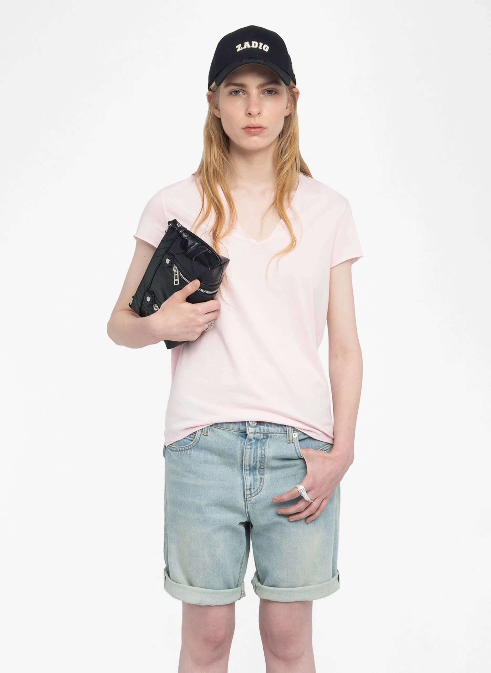 Tee-shirt droit col V motif dos Rose STORY