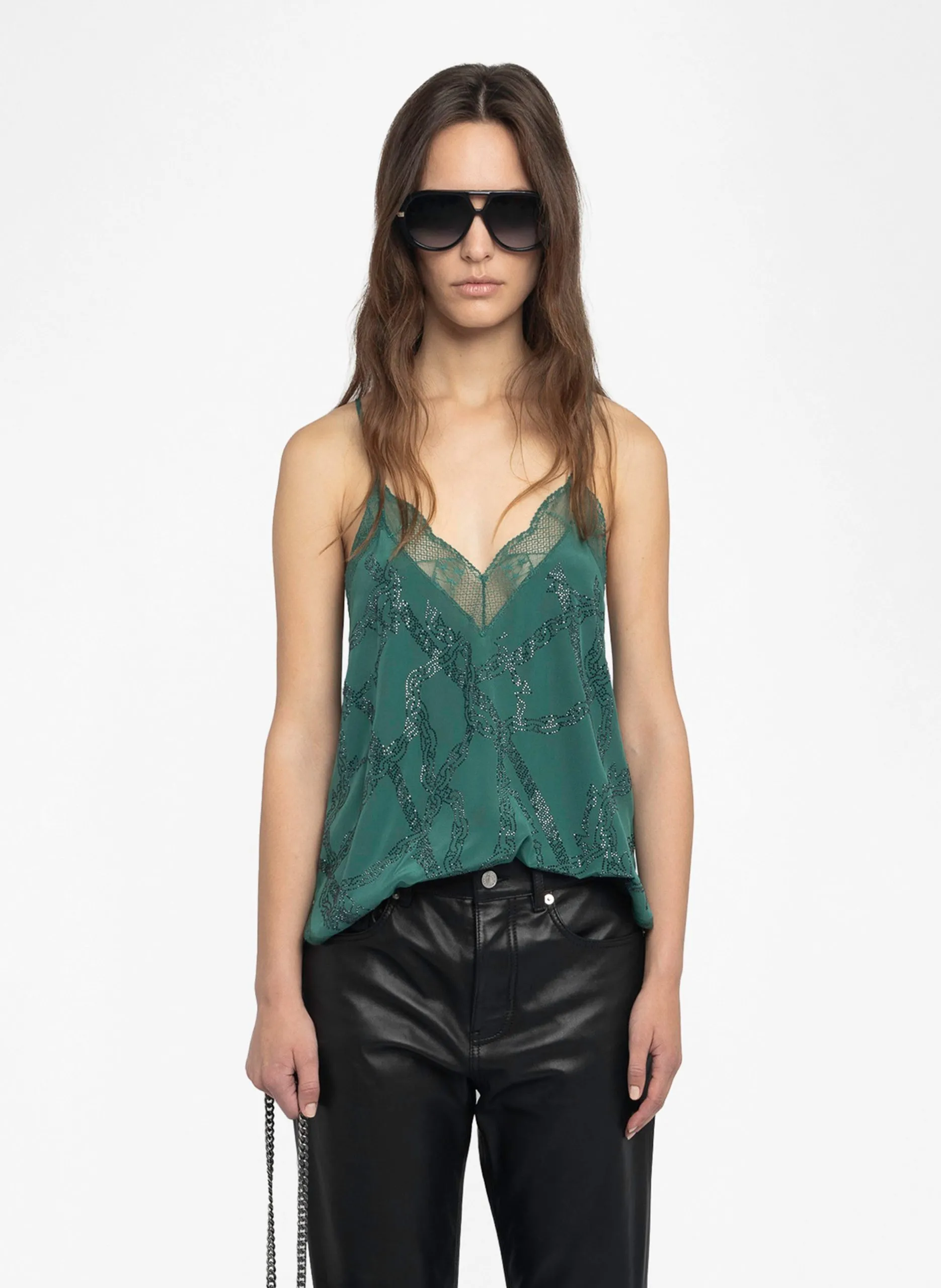 Caraco col V en soie Vert CHRISTY