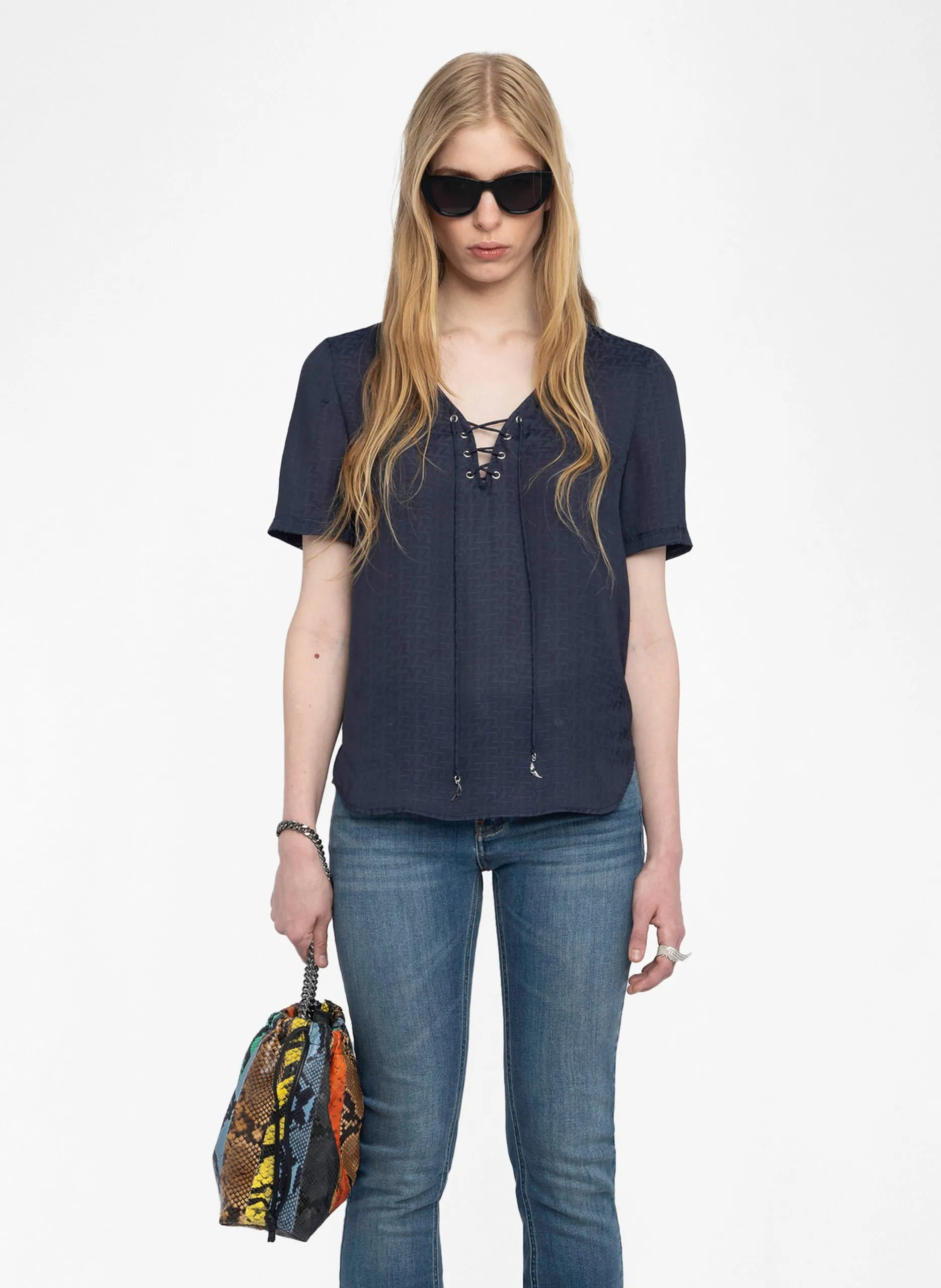 Top à décolleté lacé en satin Bleu TERZO