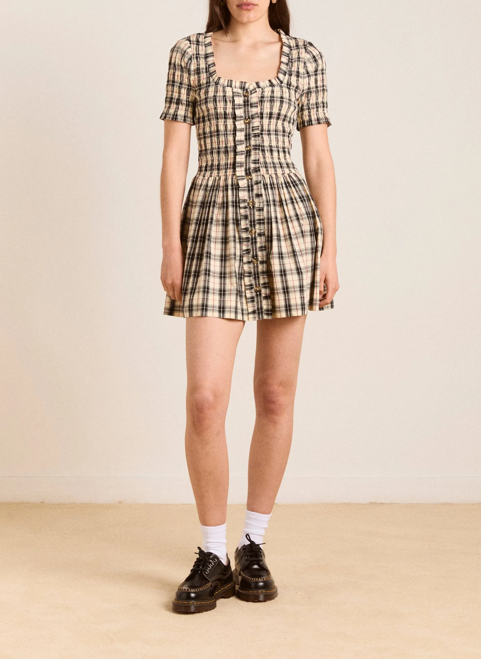 Robe courte cintrée col carré en coton bio Jaune MANSI