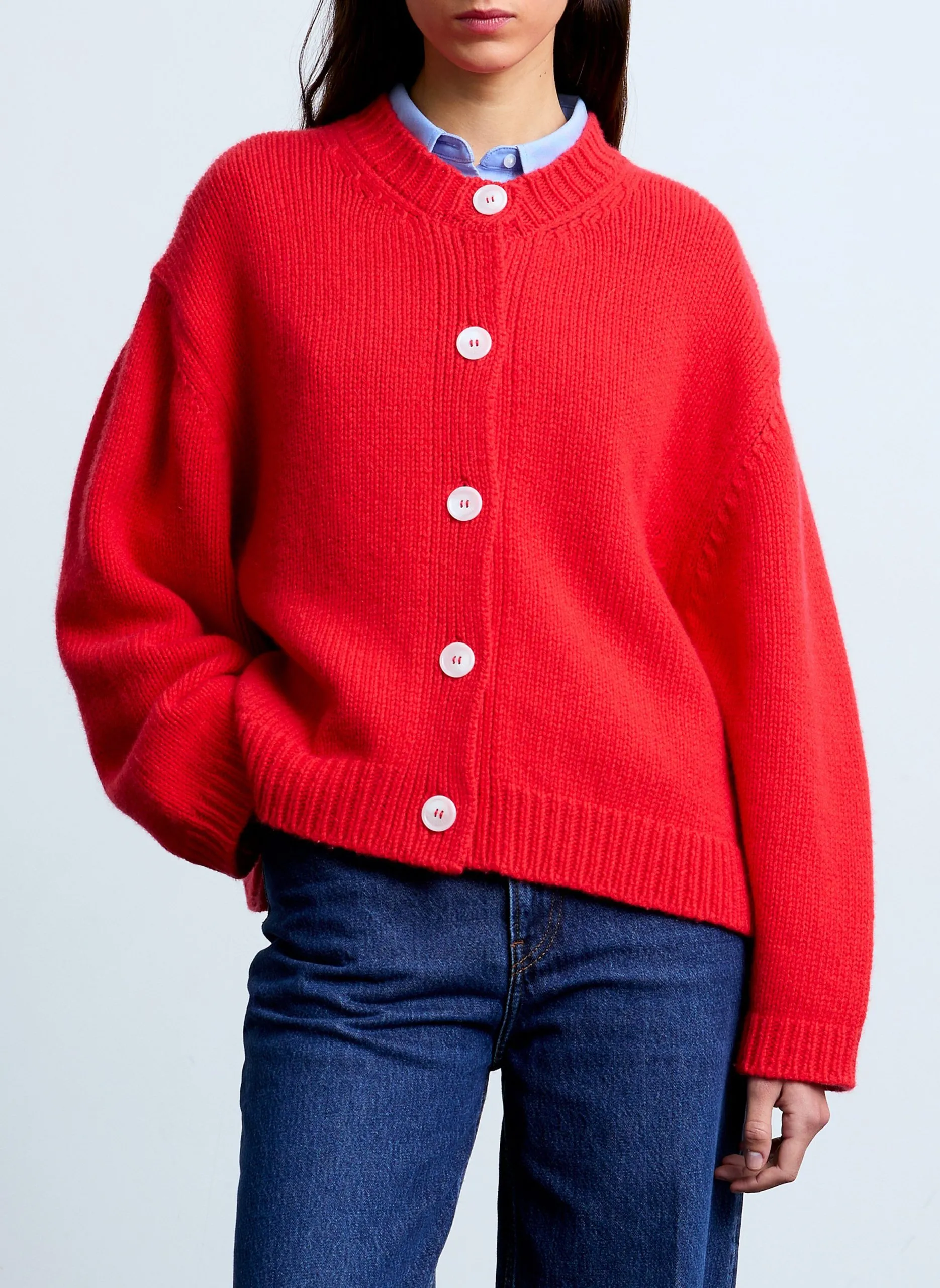 Gilet ample col rond en laine et cachemire Rouge EMMA