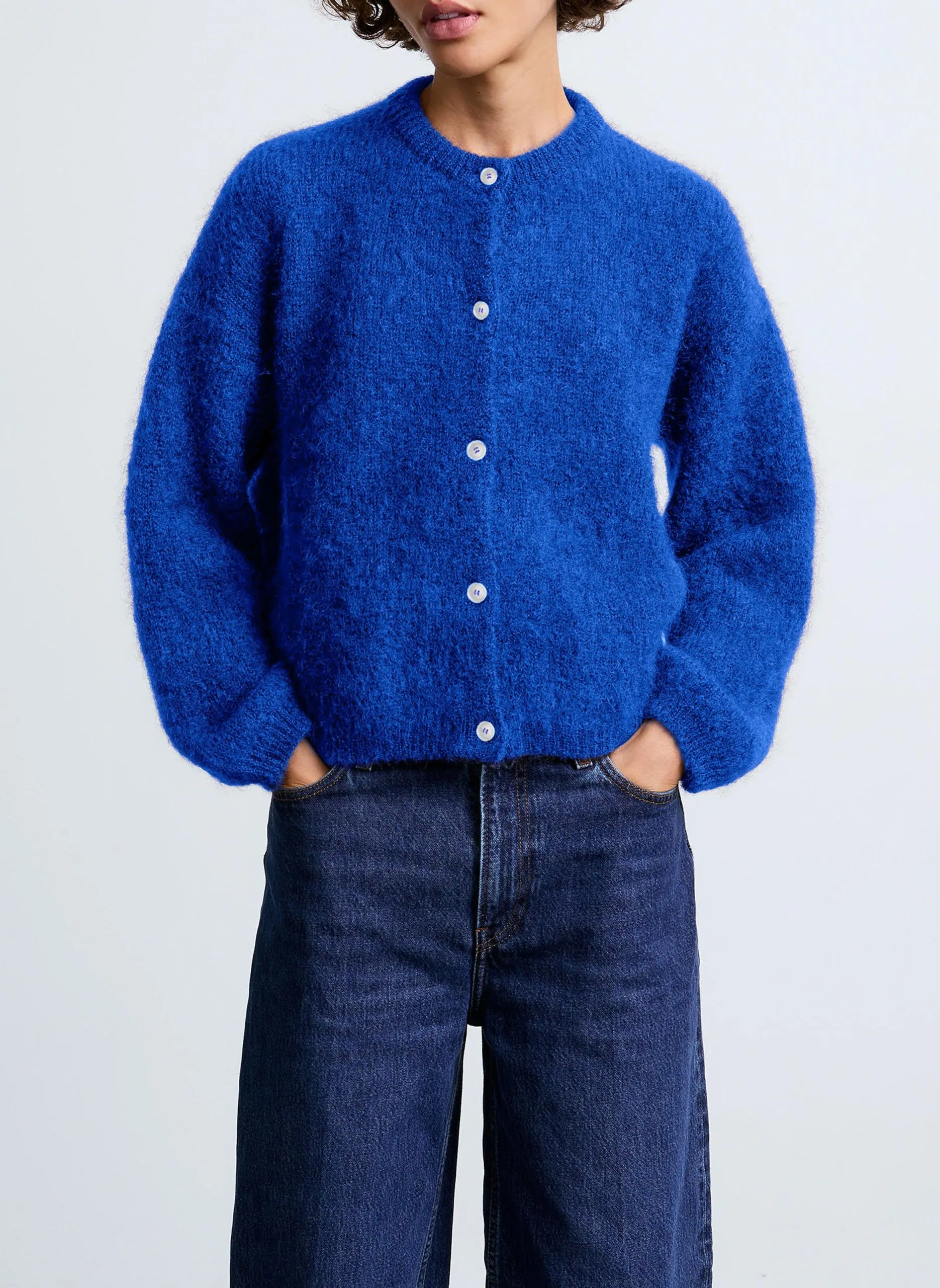 Gilet ample col rond en mohair mélangé Bleu OLIVIA