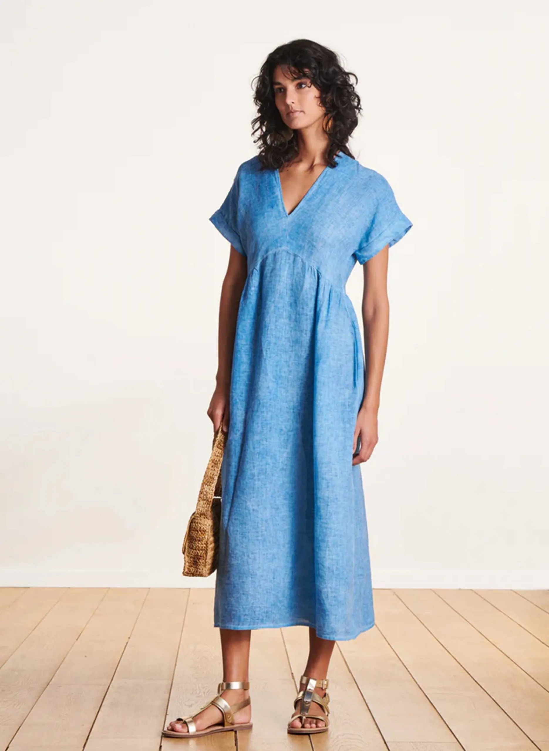 Robe longue évasée en lin Bleu
