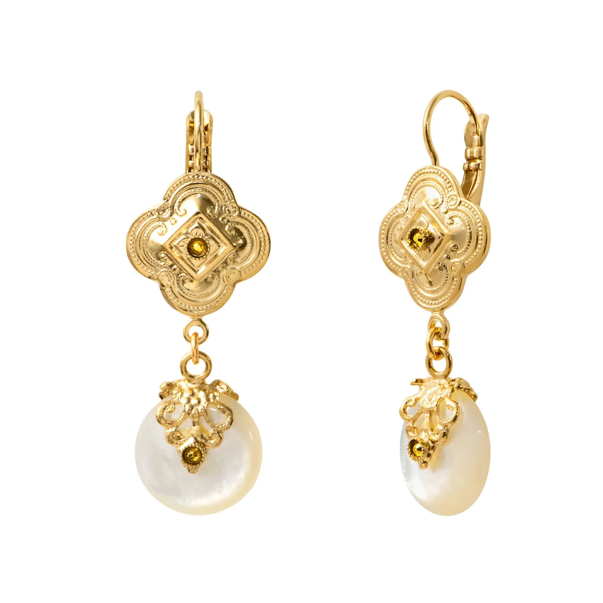 Boucles d'oreilles dormeuses positano nacre blanche et cristaux Blanc POSITANO