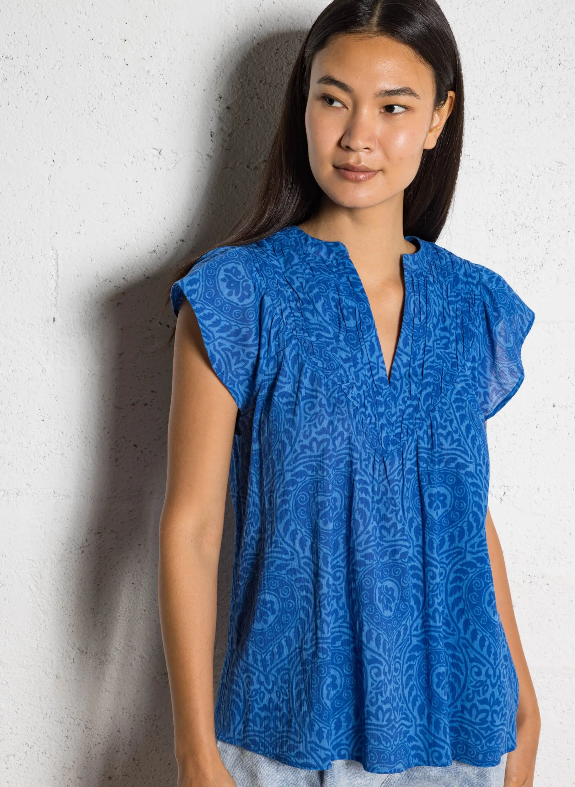 Top col V en coton Bleu BILLIE