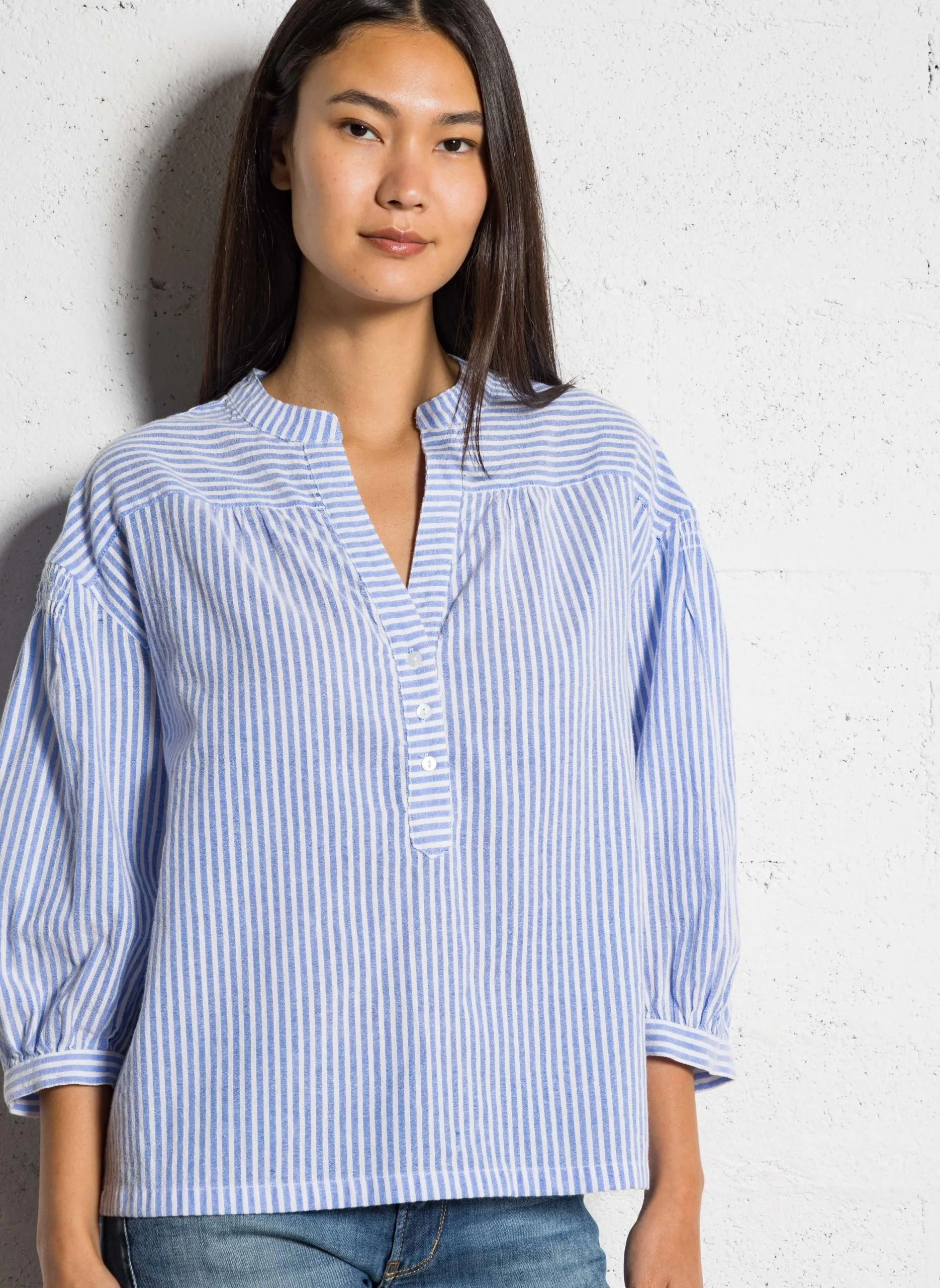 Blouse col V en coton mélangé Bleu PRAGUE