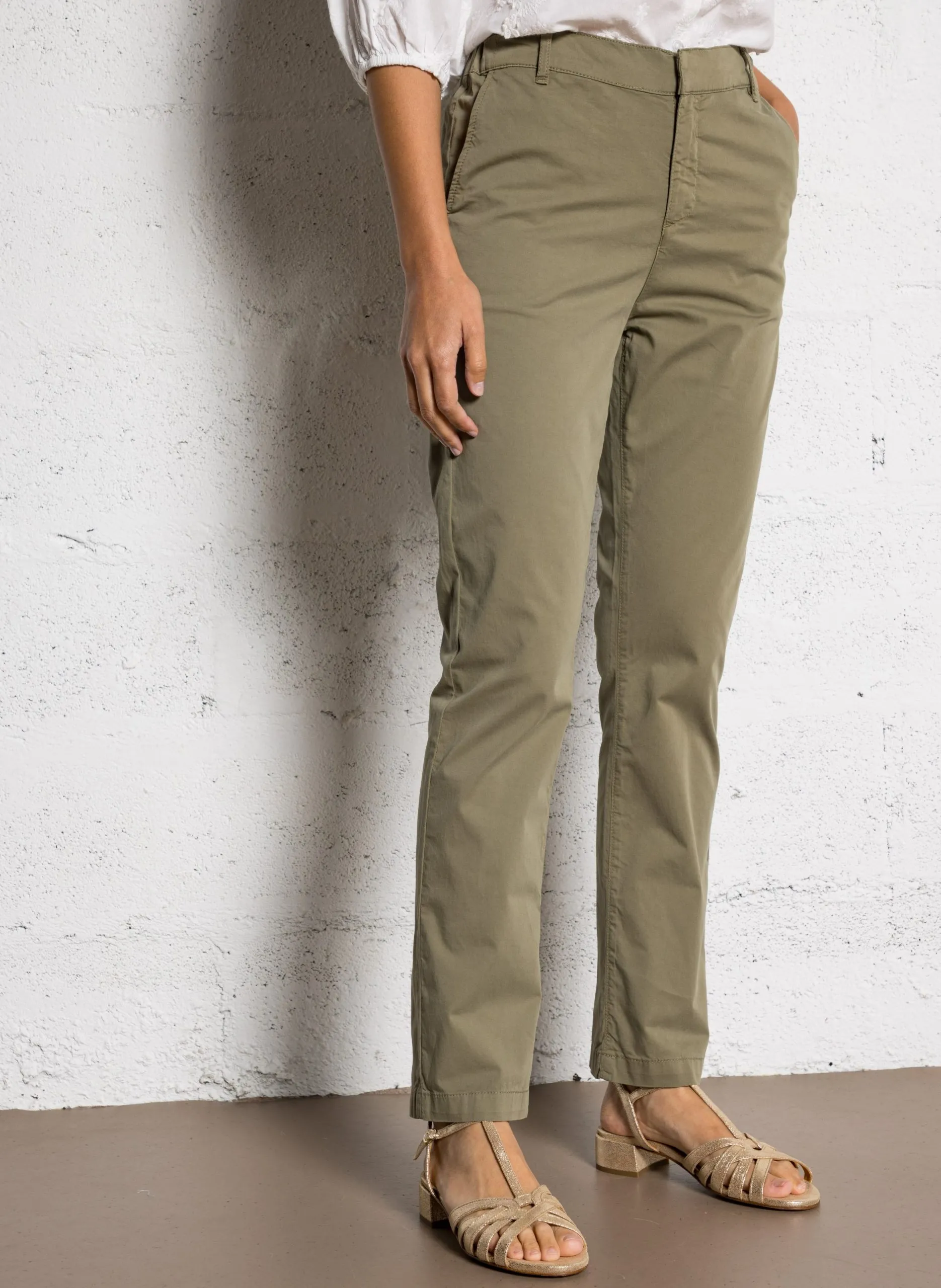 Pantalon droit uni en coton mélangé Vert BOBBY