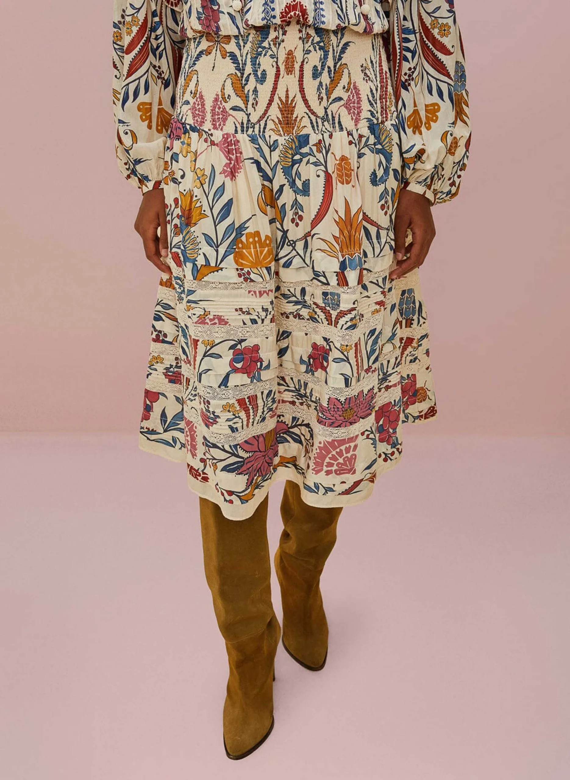 Jupe midi imprimée en coton mélangé Beige