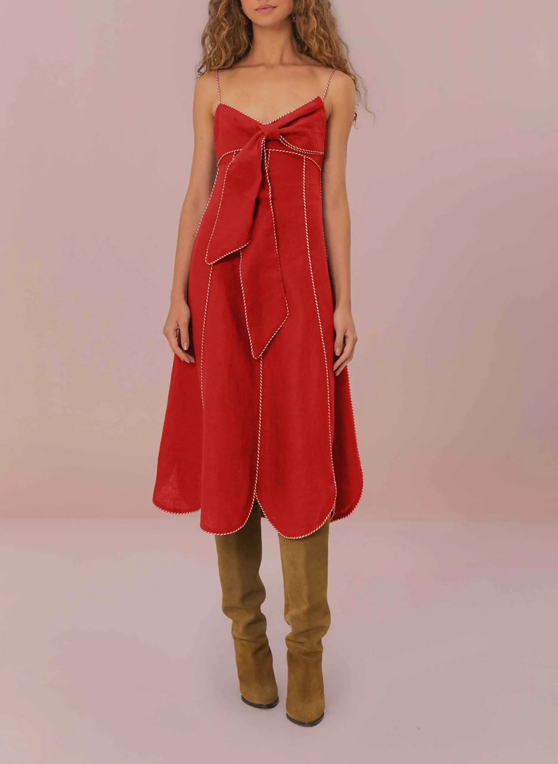 Robe midi col carré en lin Rouge