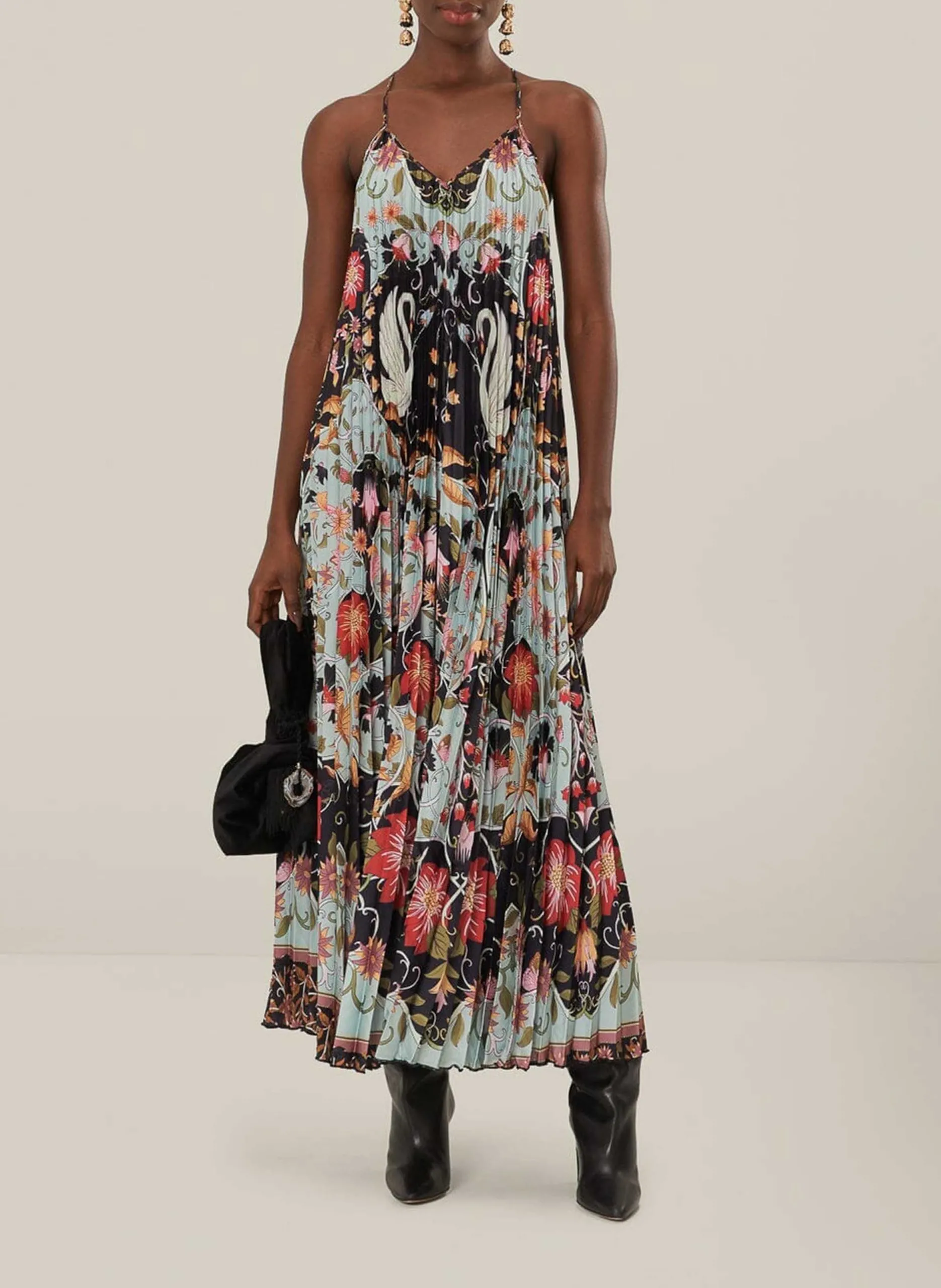 Robe midi col V imprimée Bleu