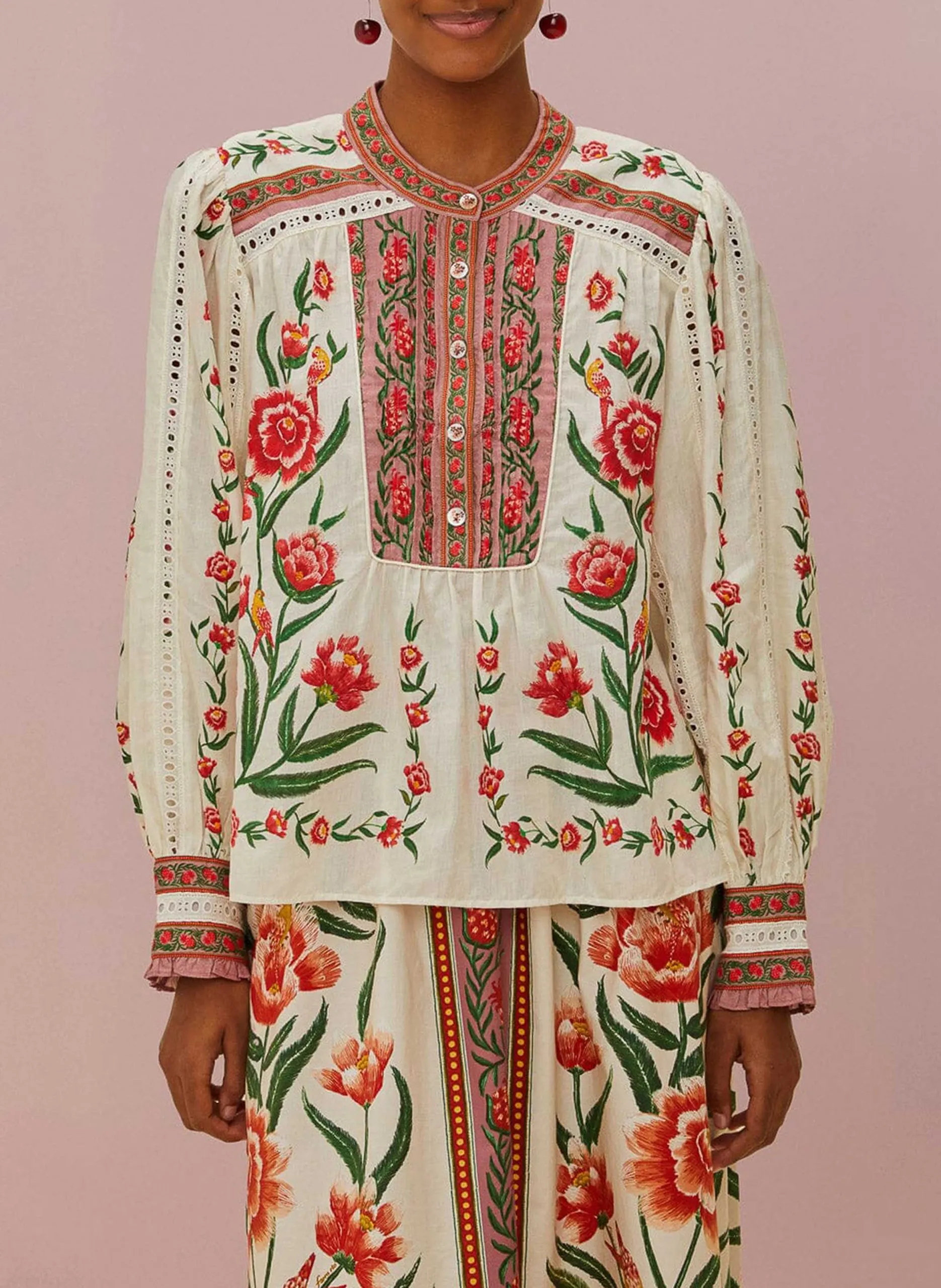 Blouse col rond en coton mélangé Beige