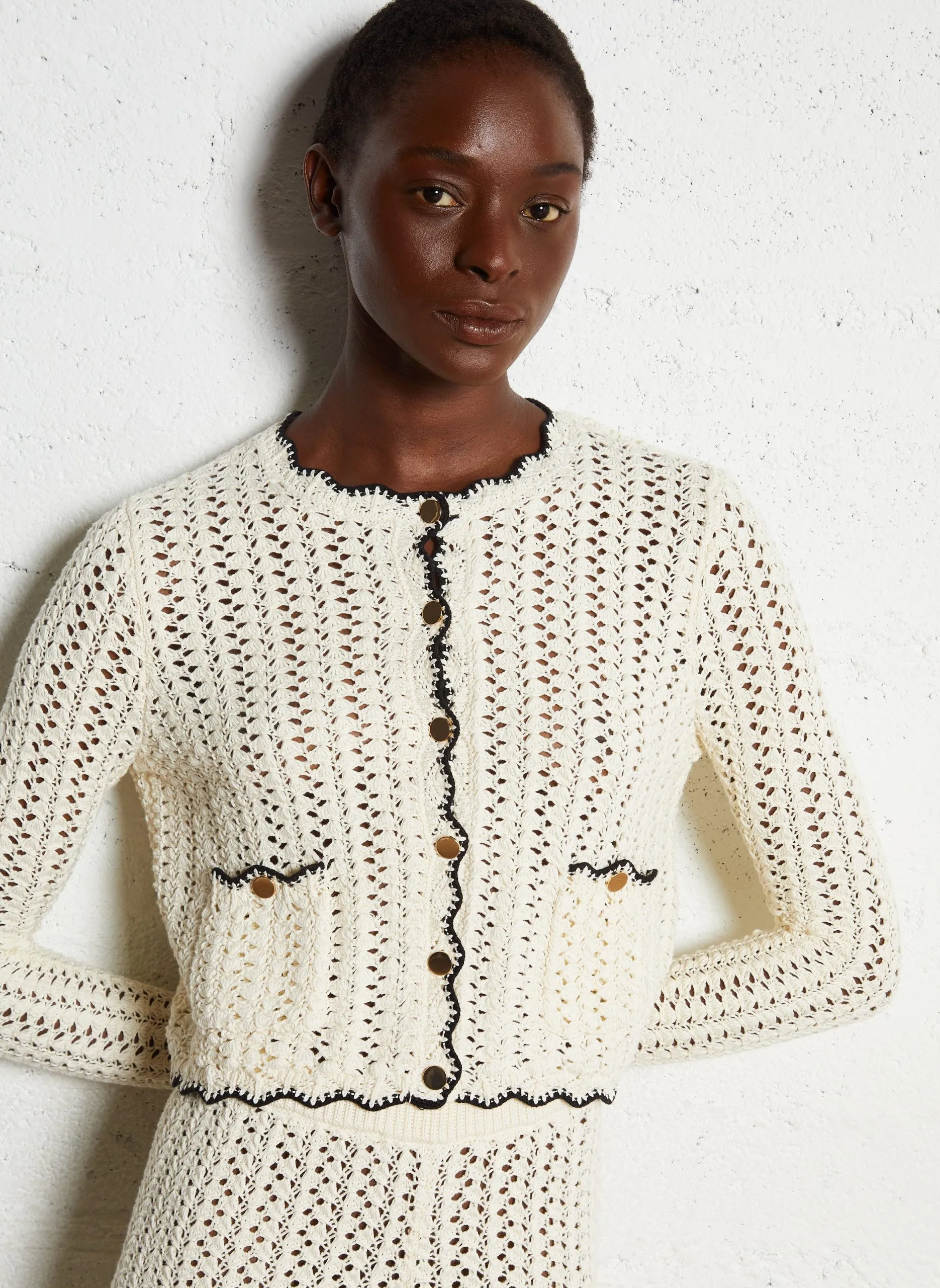 Gilet court col rond en coton bio Beige SHEILA