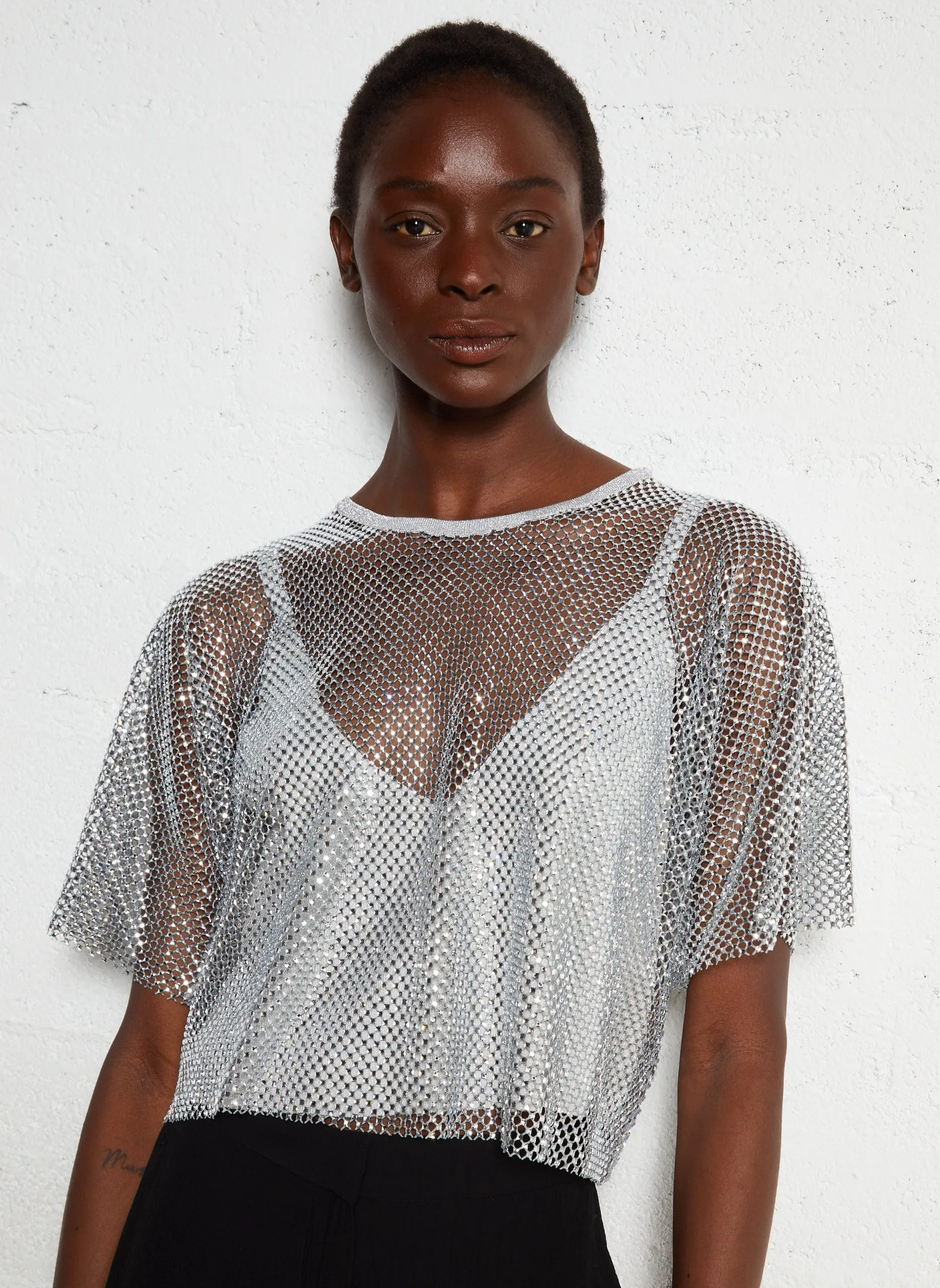 Top col rond à paillettes Argent MATE