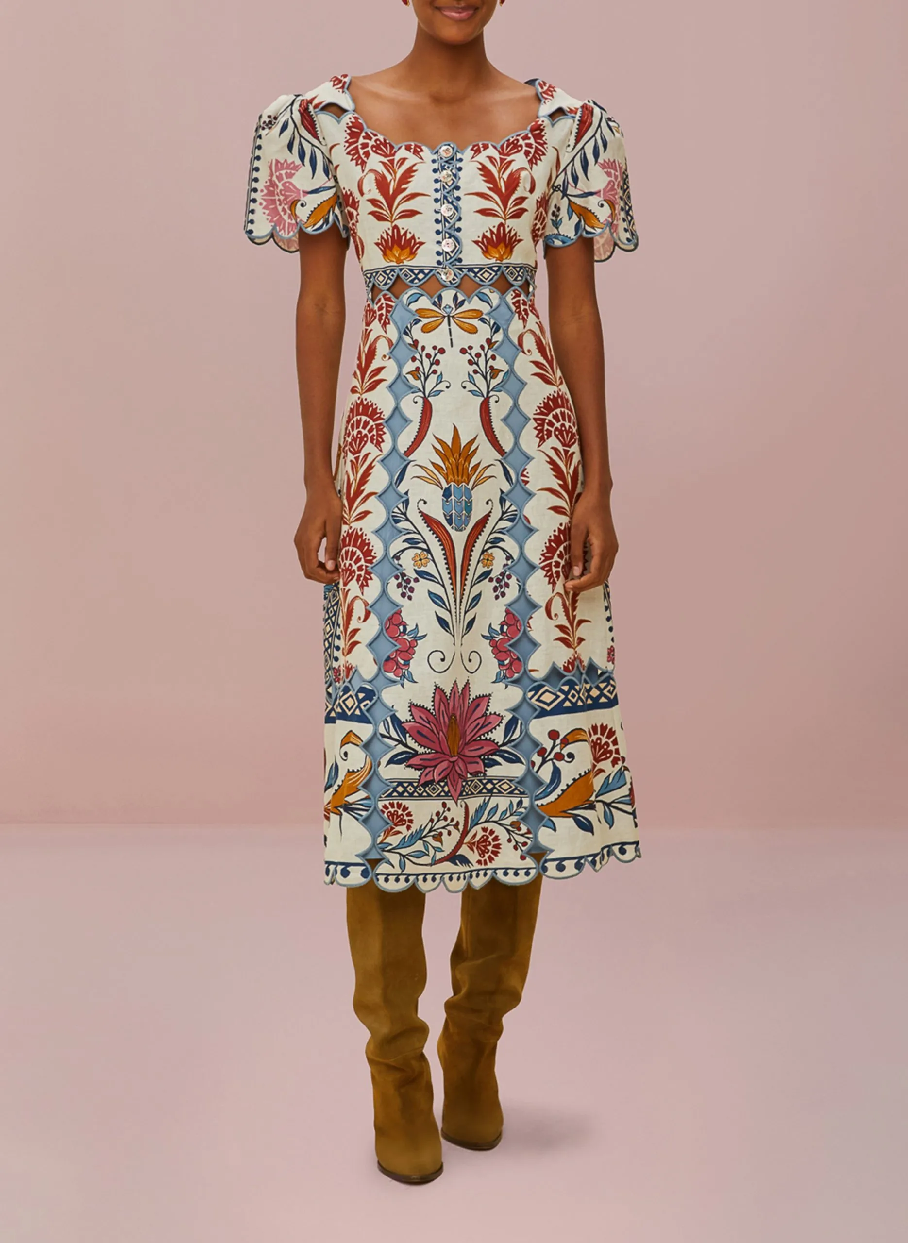 Robe midi col rond imprimée Beige