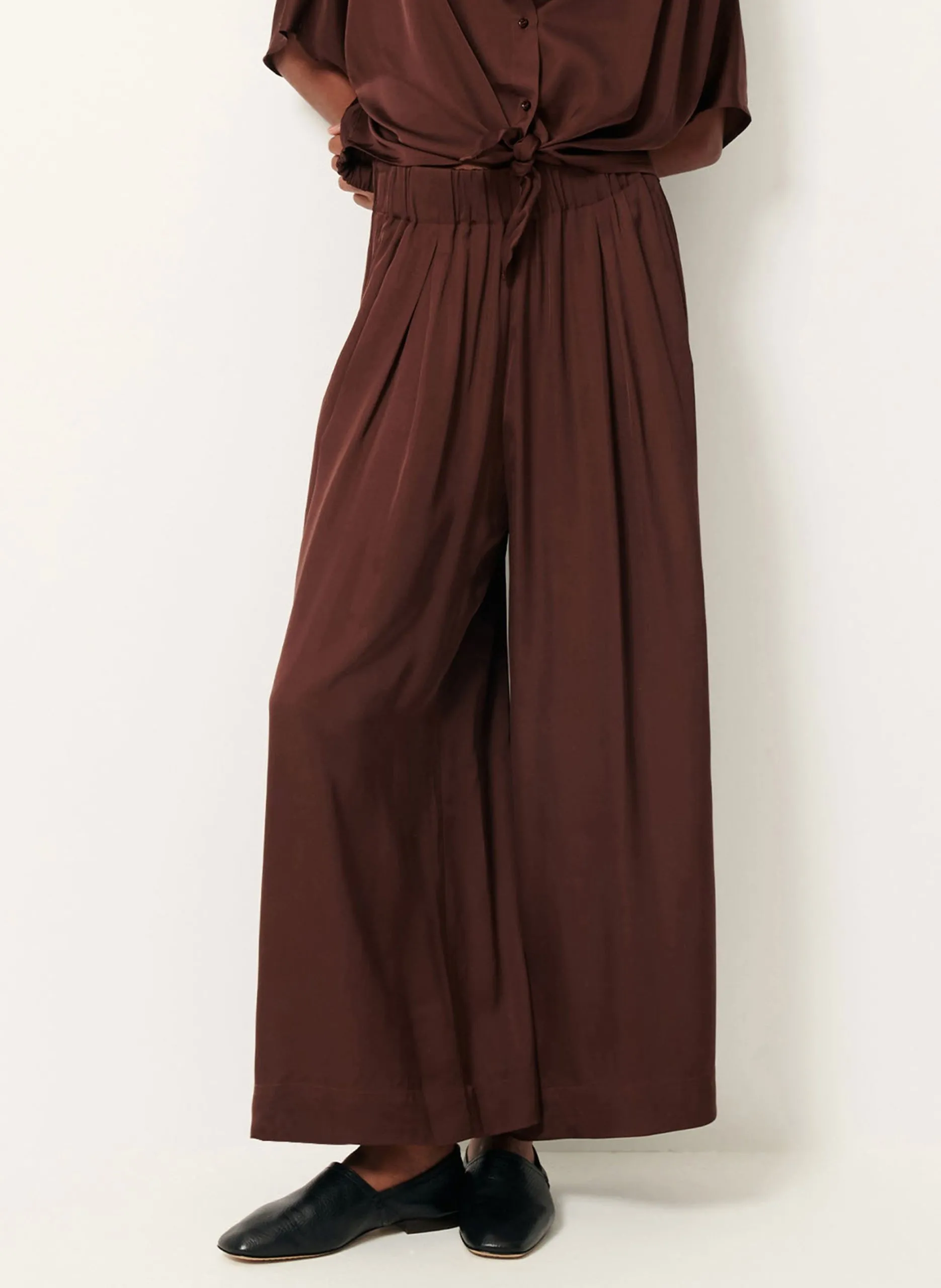 Pantalon large taille haute fluide Marron ISLA NIGHT
