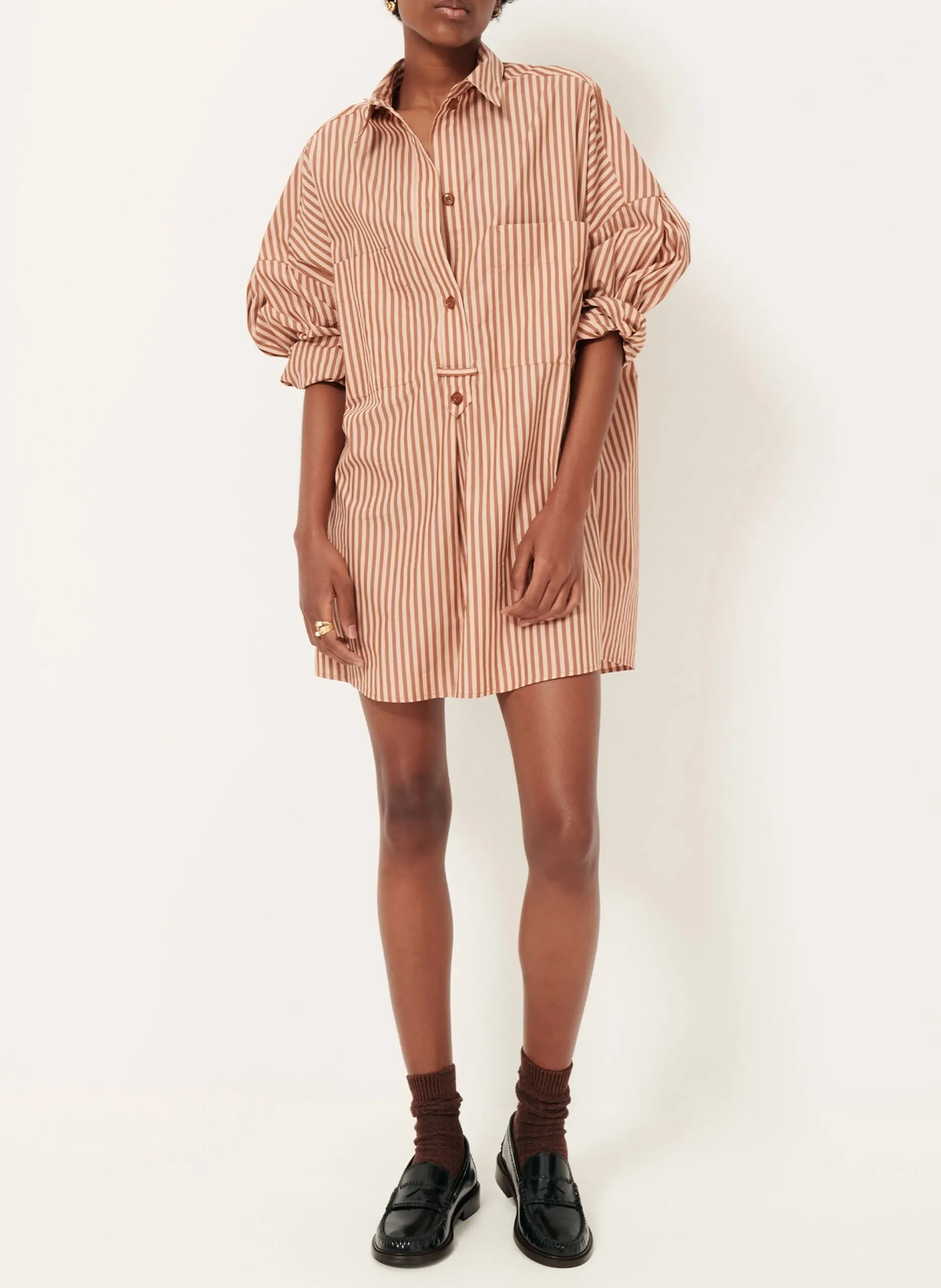 Robe chemise col classique ample en coton rayé Marron FONTELLA